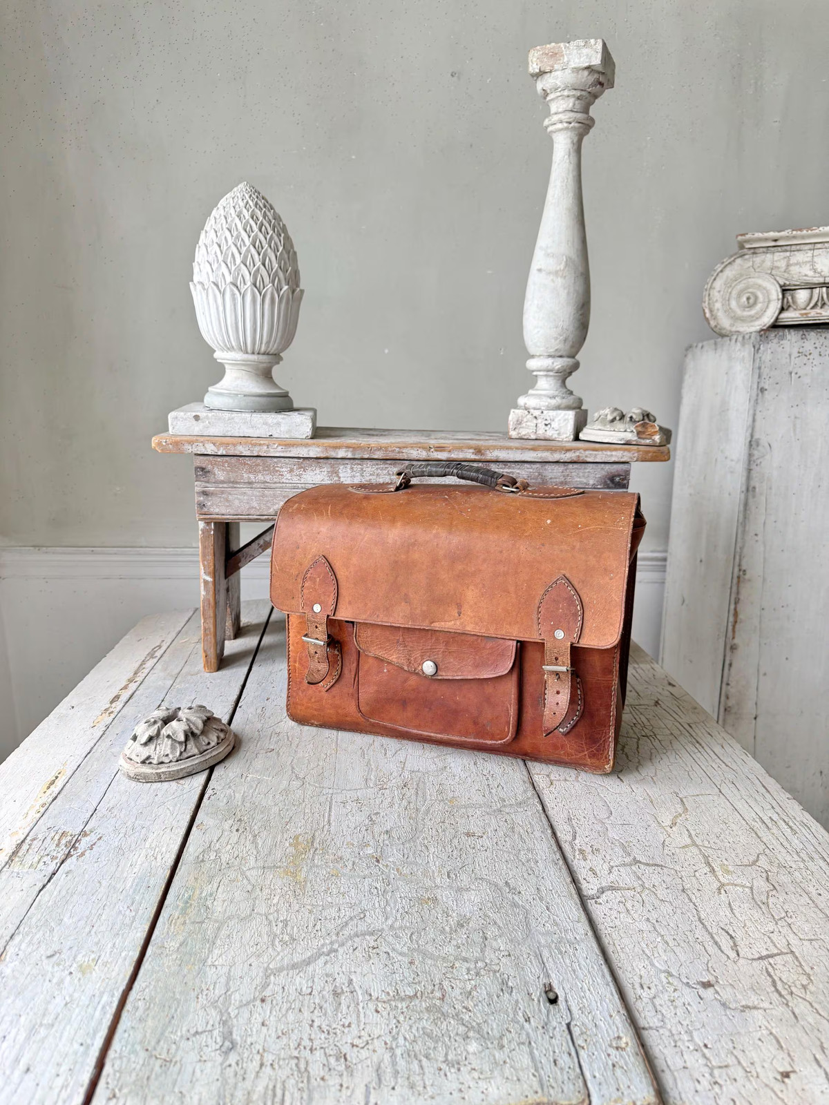 1930’s Vintage Leather Satchel Briefcase Brown Patina Leather School Bag Shabby
