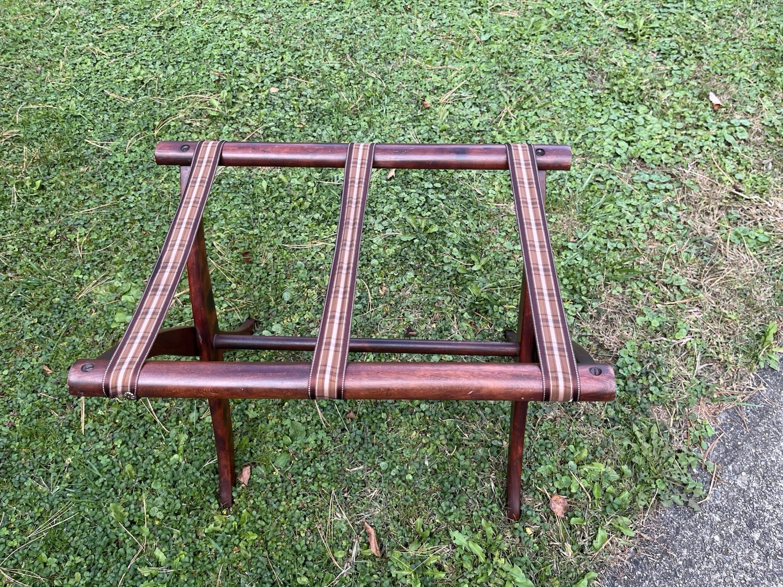 Vintage Folding Wooden Luggage Rack Mahogany Finish Floral Metal Tacks READ