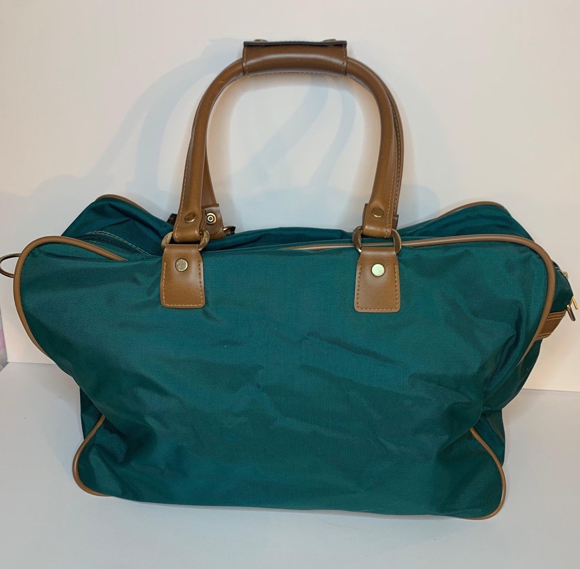 Vintage Jaguar Weekender Bag Jade Green Canvas Leather Large Travel Tote Carryon