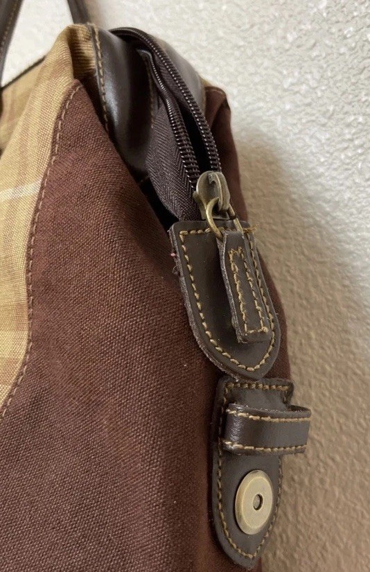 VTG Eddie Bauer Brown Plaid Canvas & Leather Travel Duffle Carpet Satchel Bag