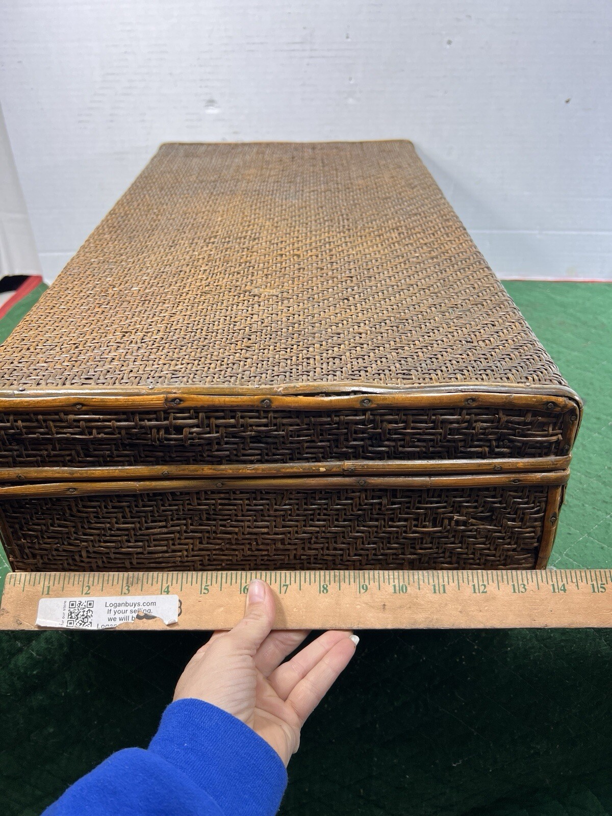 Vintage Bamboo and Woven Rattan Suitcase with Metal Hardware MCM Trunk Small