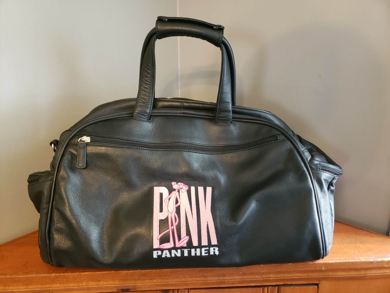 Vintage 1990s Embroidered Pink Panther Large Black Leather Duffle Bag – See Pics