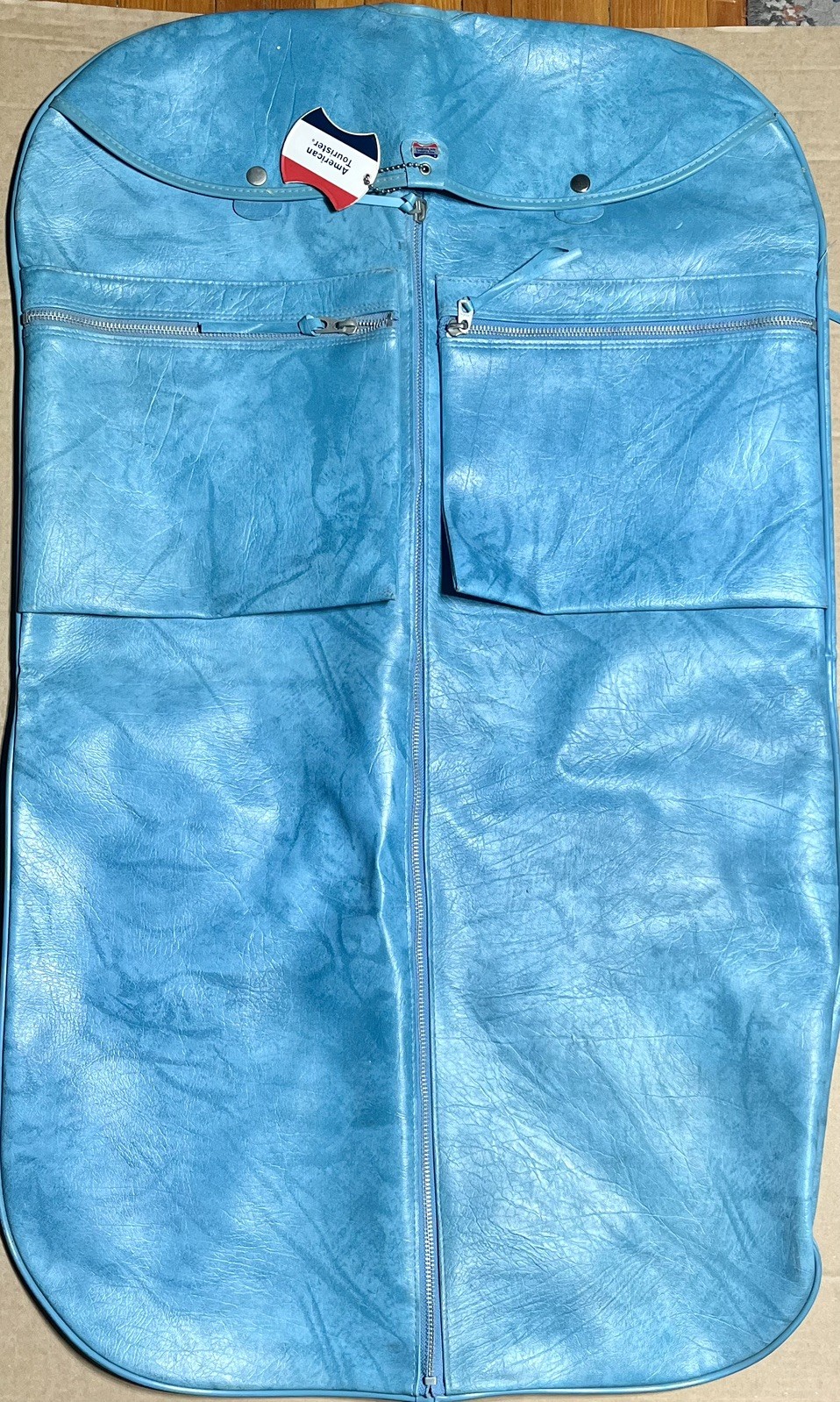 American Tourister travel set Blue Vinyl Pleather 1970’s Taiwan YKK zip Vintage