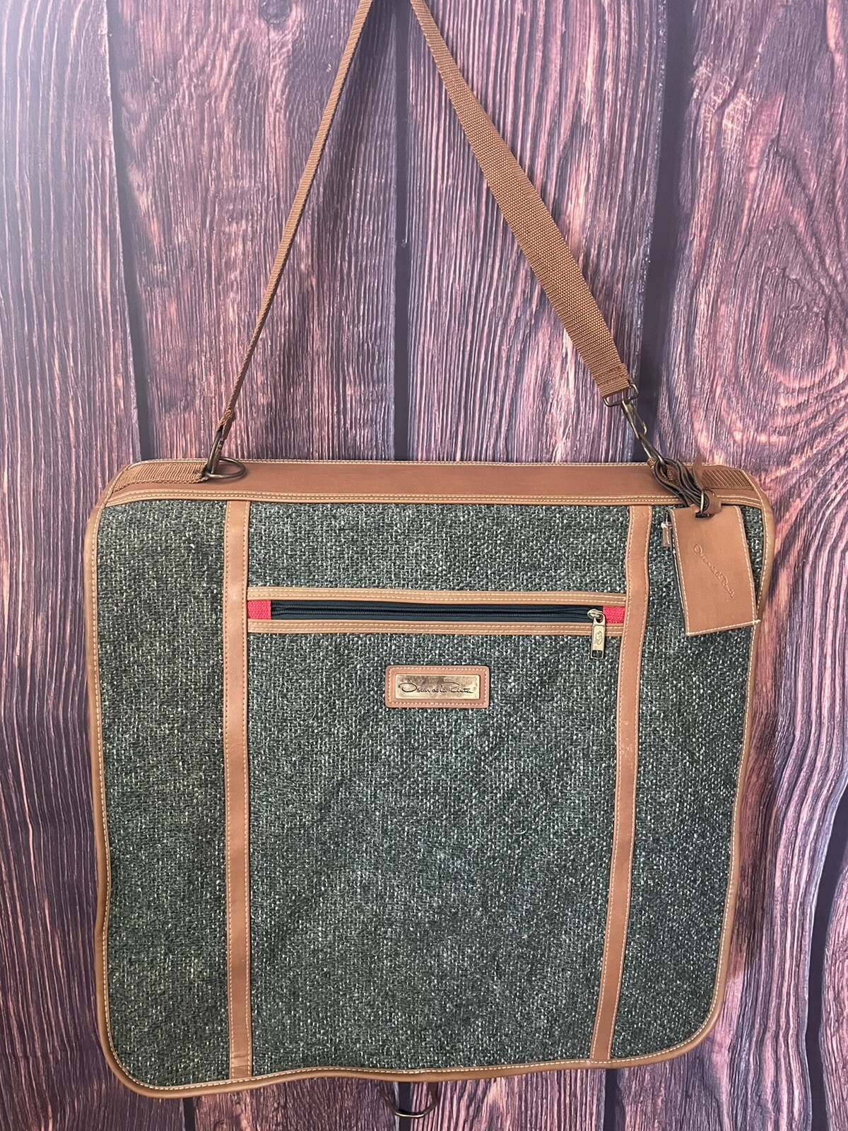 Vintage Oscar De La Renta Tan & Green Tweed Folding Garment Bag Designer Luggage