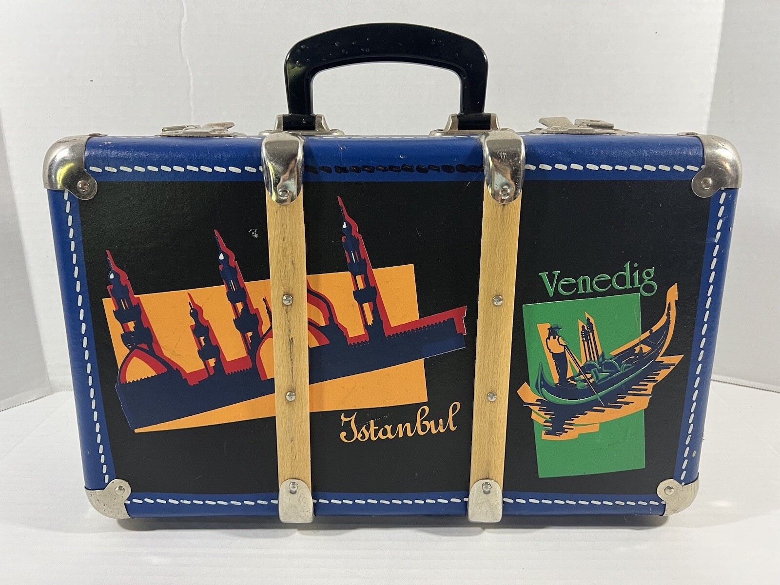 Unusual Vintage Blue Luggage Travel Suitcase Decor Istanbul Venedig Nice! #2