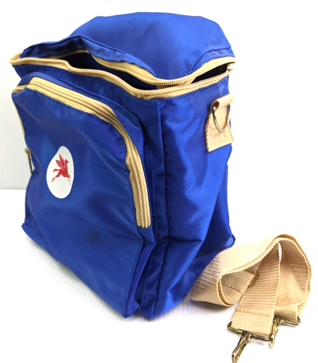 Vintage Carry-on travel bag Mobil Oil logo 1970s Insulated Blue 10″x12″x8″