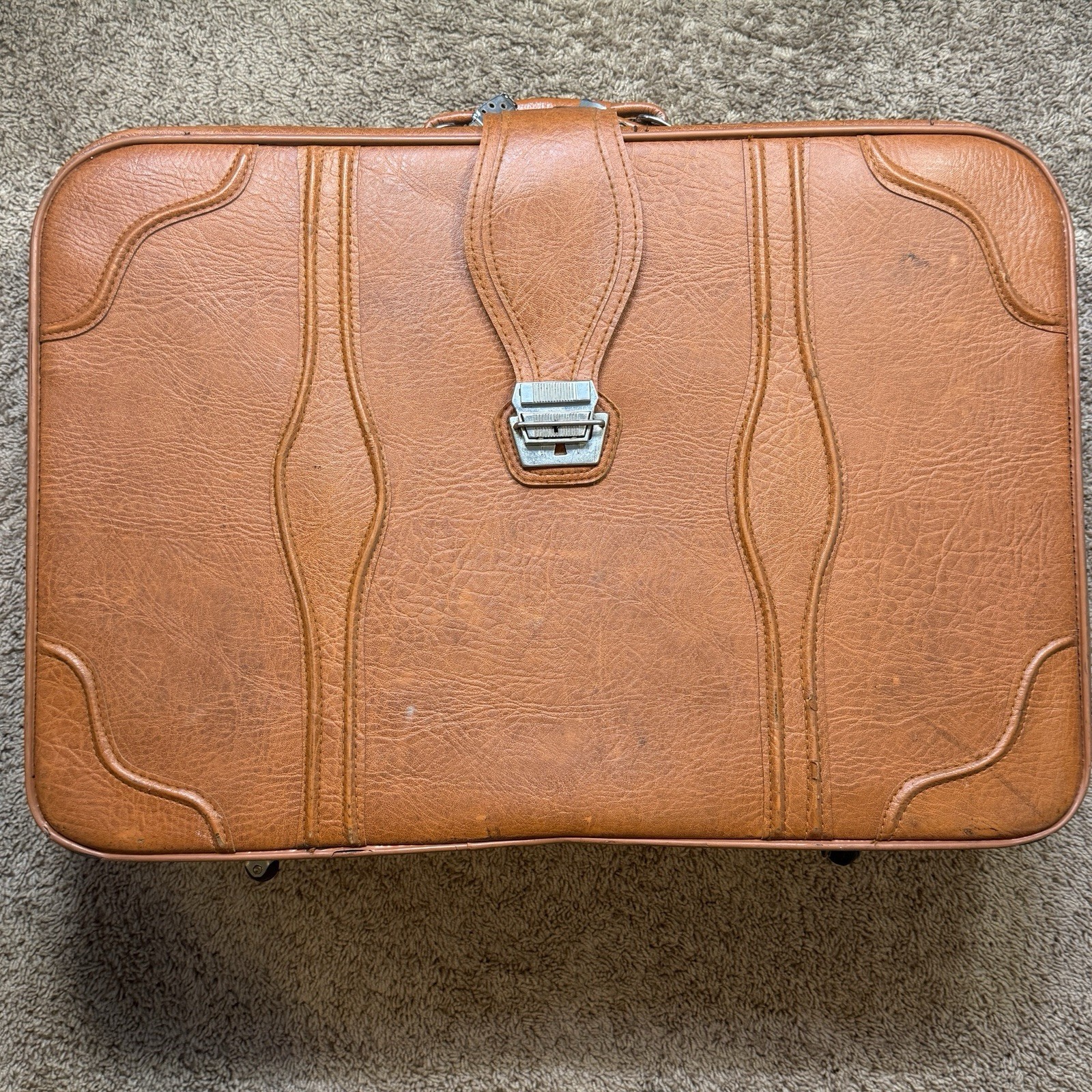 Vintage Monarch Luggage 2 Pc Brown Faux Leather Suitcase Set 70s 80s