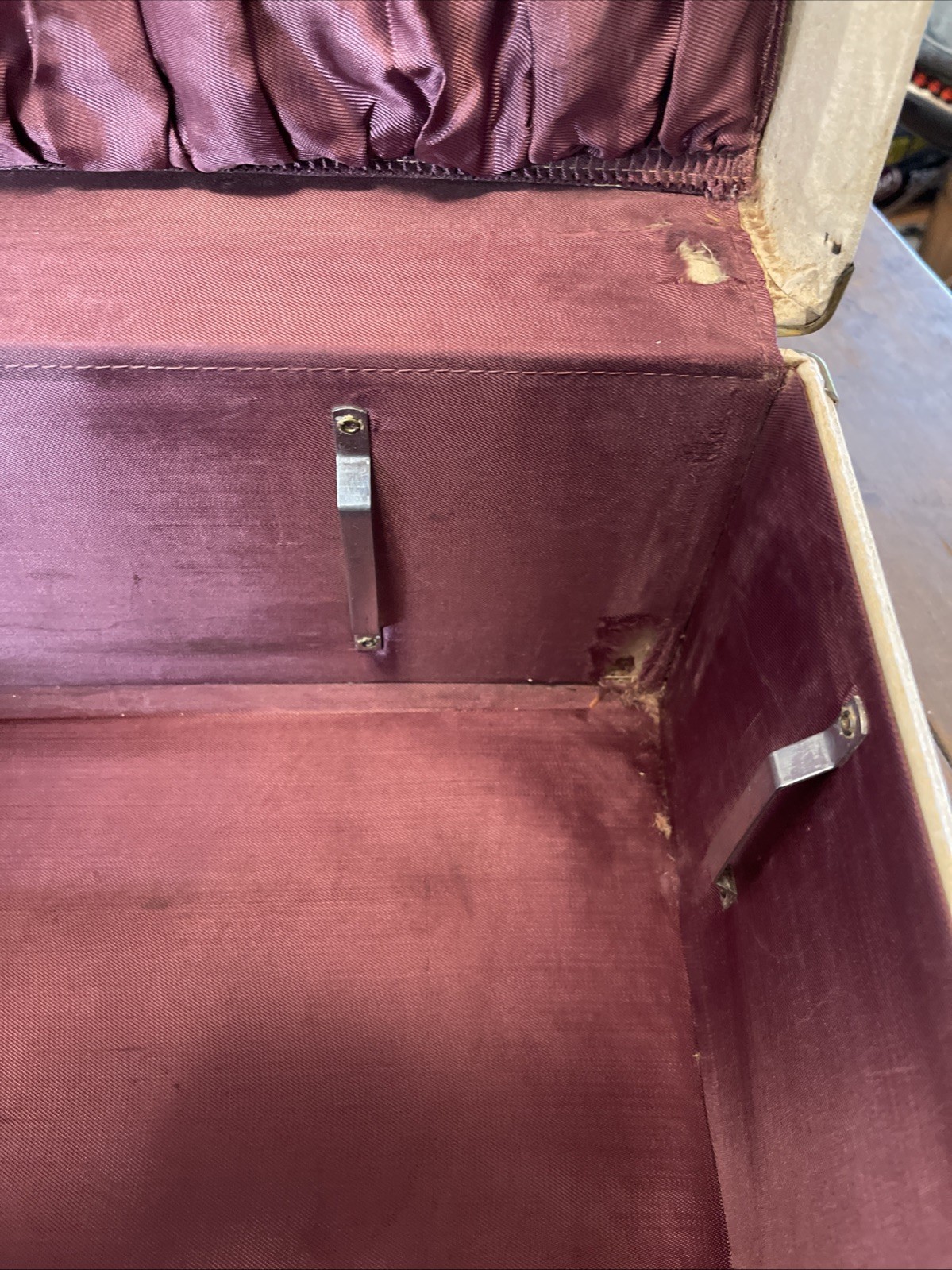 Vintage Large Wedge Suitcase Working Hinges Worn Cream W/ Tattered Purple Silk