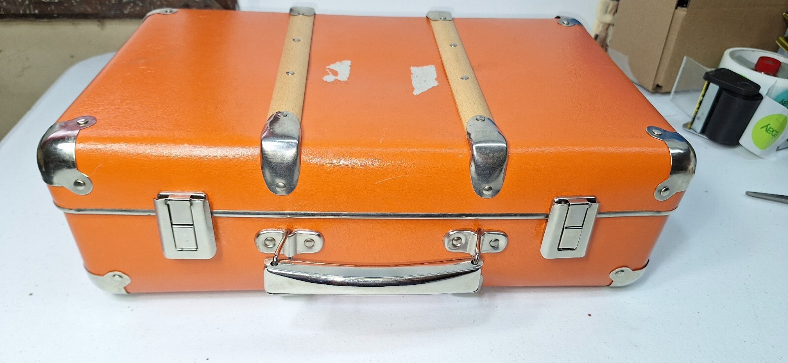 Vtg Orange Luggage Over Night Suitcase 14x9x5 Pressed Cardboard
