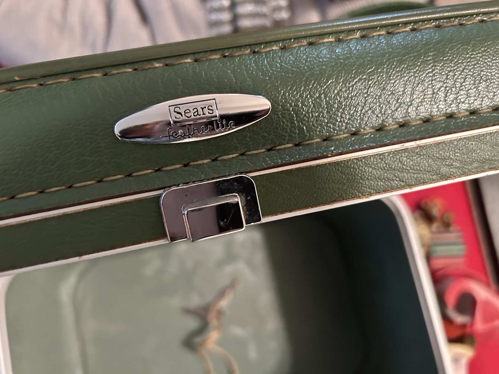 Green Vintage Sears Featherlite Train Case with Key