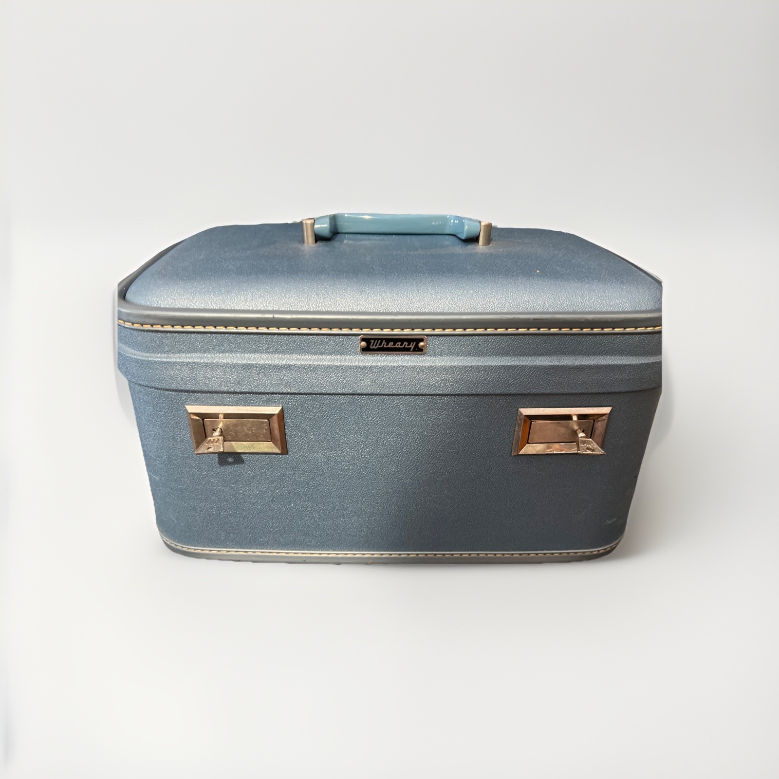 Vintage Wheary Travel Cosmetic Bag Hard Case Luggage Suitcase Blue 14”x9”x9”