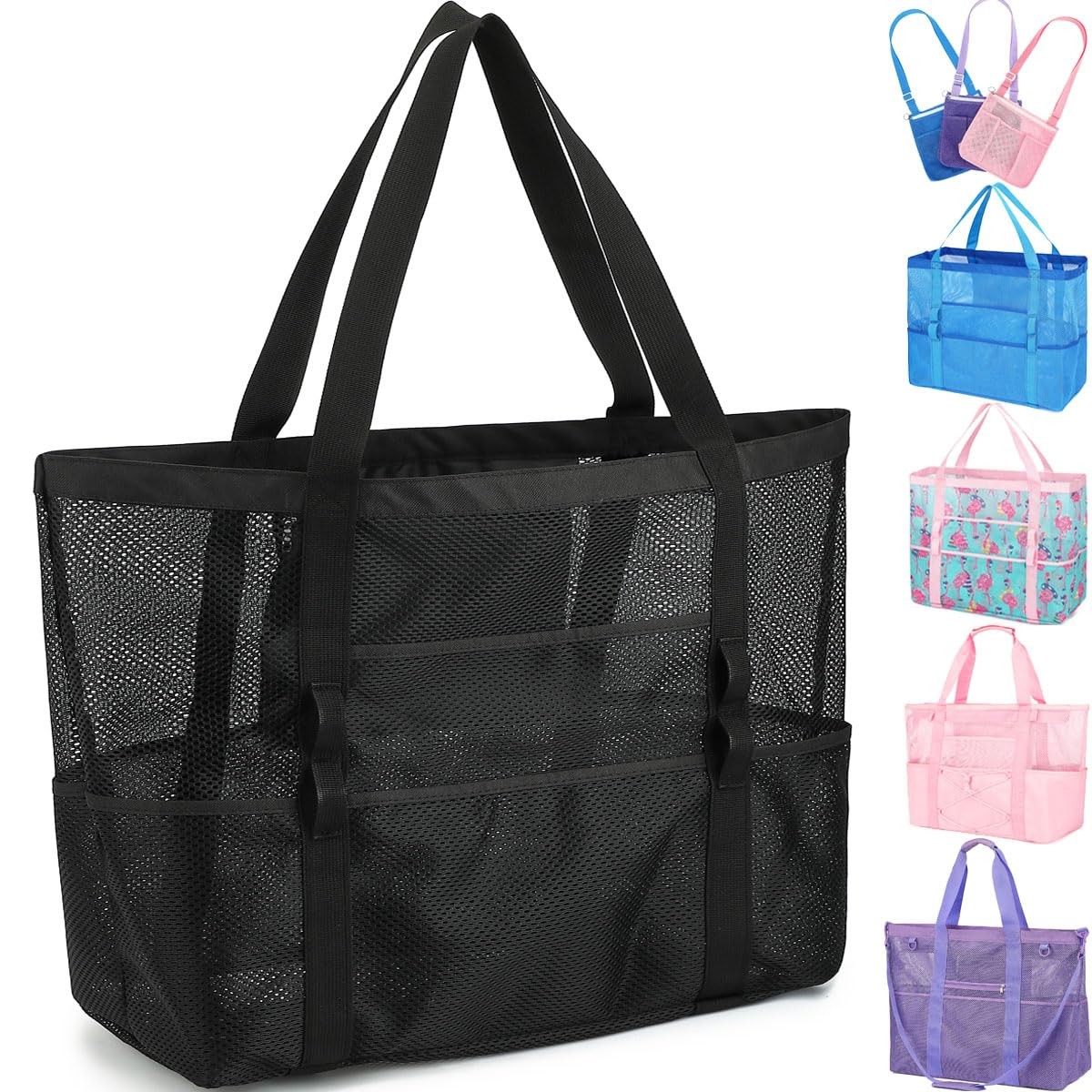Fammart Extra Large Mesh Beach Bag For Women Top Zipper Closure Pool Tote
