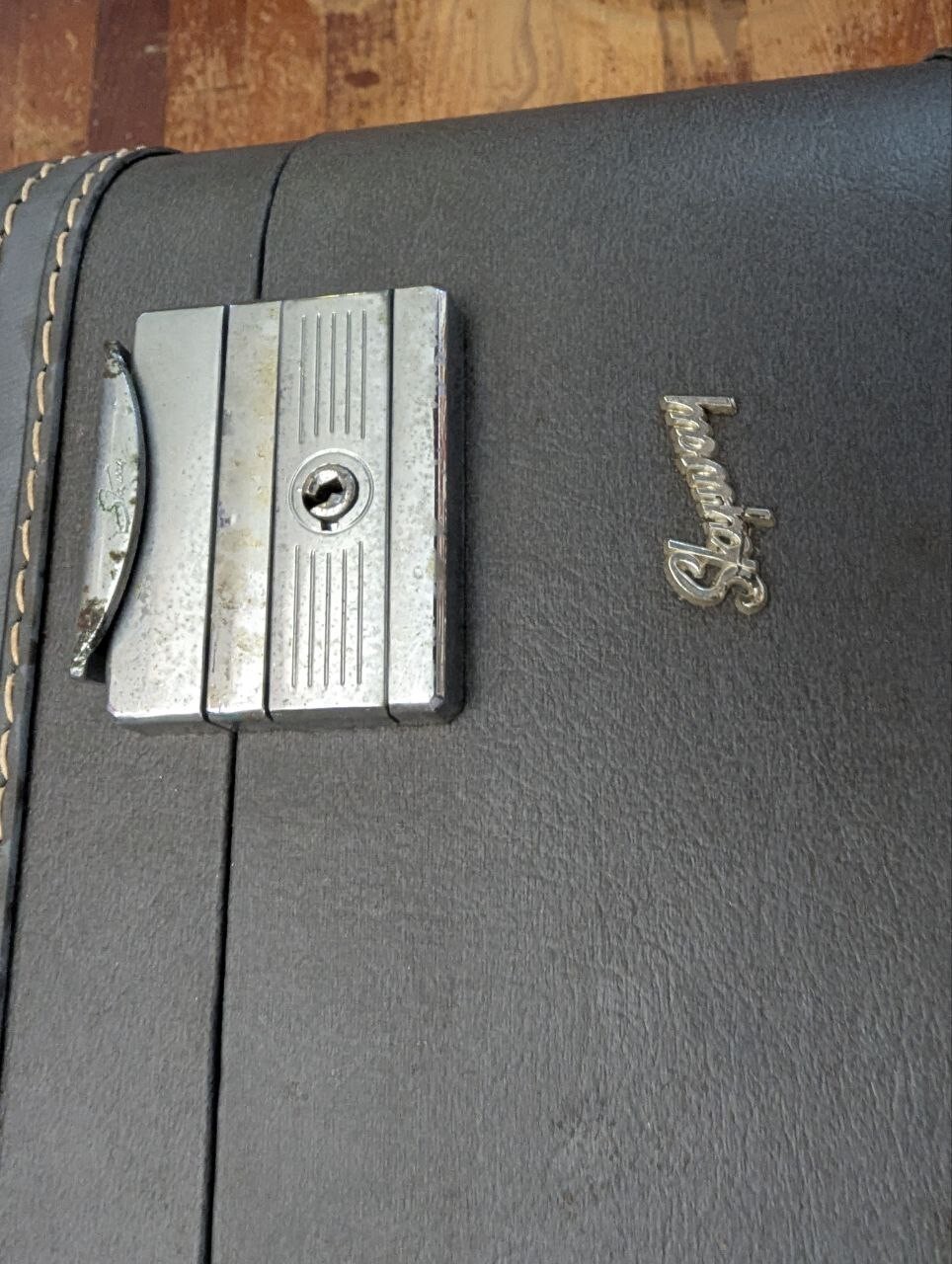 Vtg 1950s Skyway Overnight Suitcase 24 x 16.5 Dark Gray Monogram Satin Lined AN