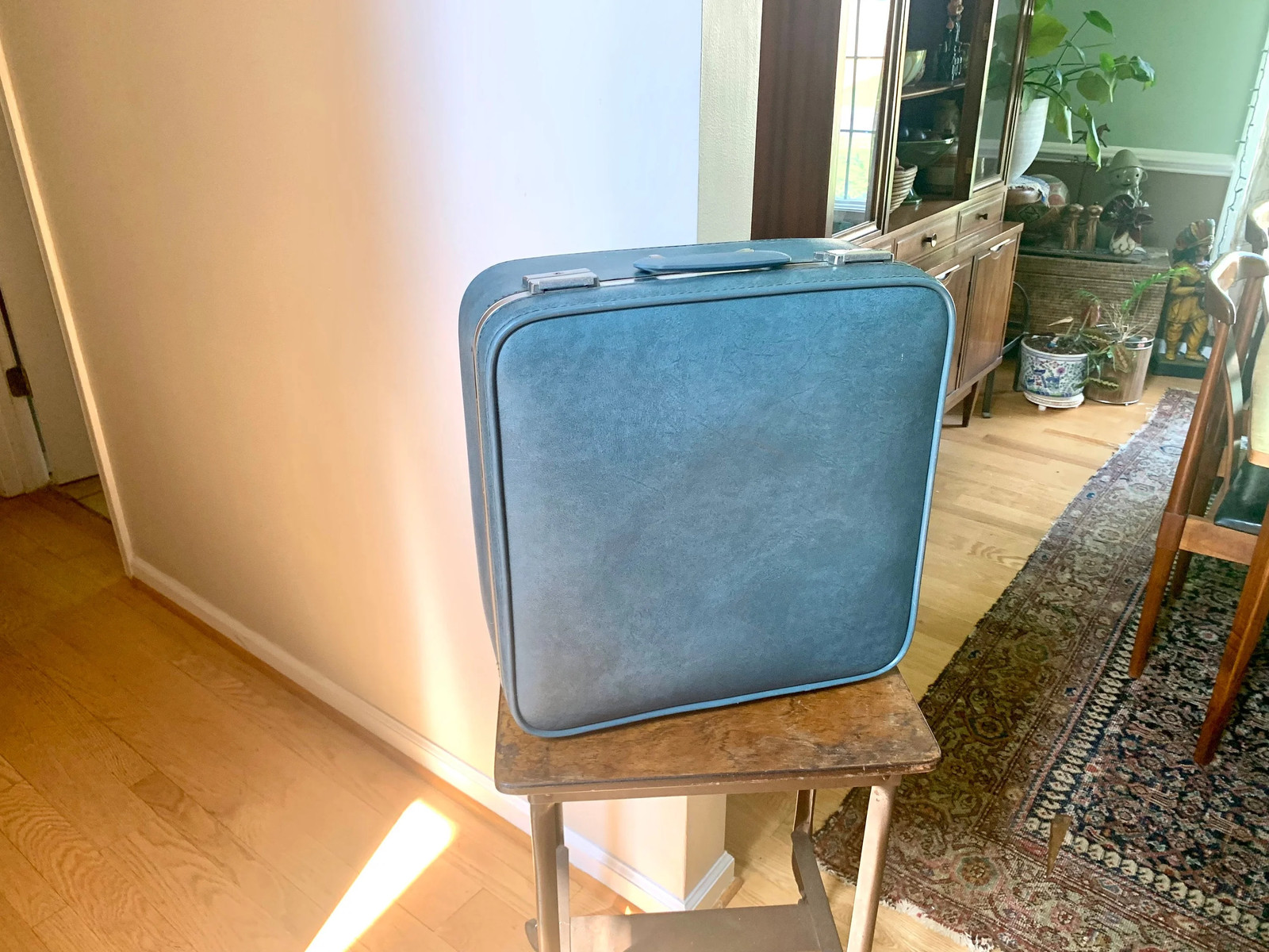 Vtg Square Blue Hardshell Suitcase | Mid Century Skyway Vinyl Travel Case