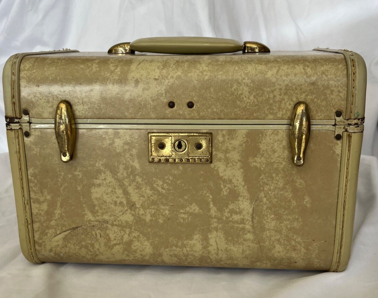VTG MCM SAMSONITE CREAM MARBLE HARD MAKE-UP VANITY TRAIN CASE TRAVEL LUGGAGE BAG