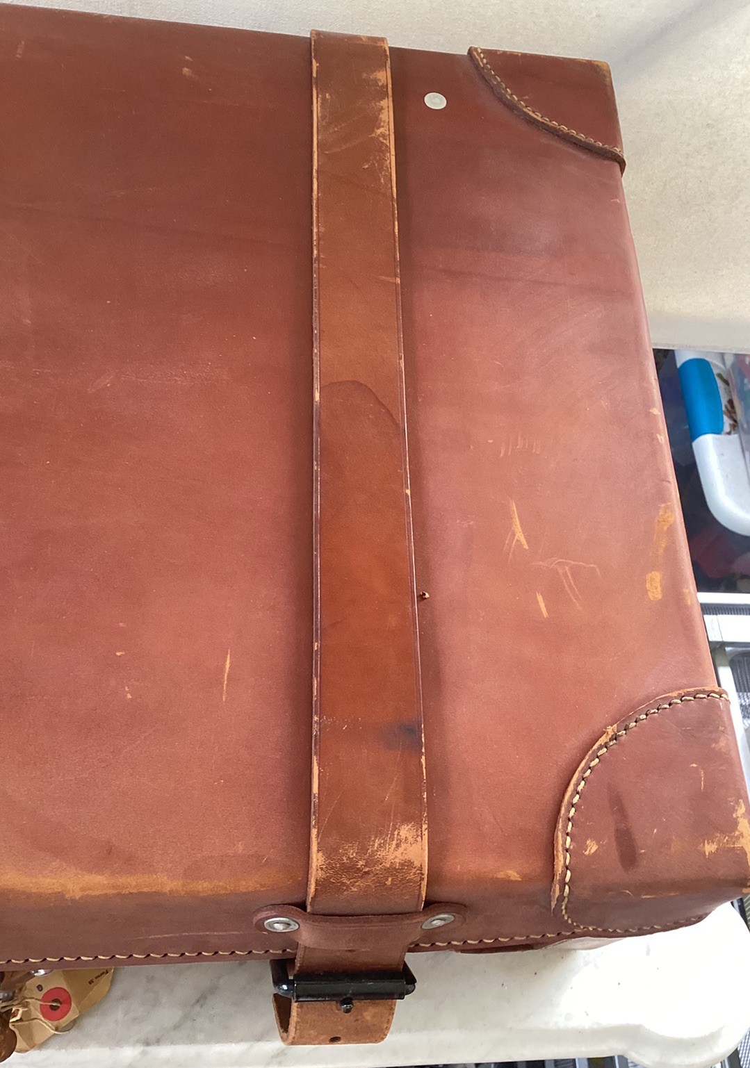 Large Antique Vintage Brown Leather Hard Case Trunk Luggage. Buckle Straps