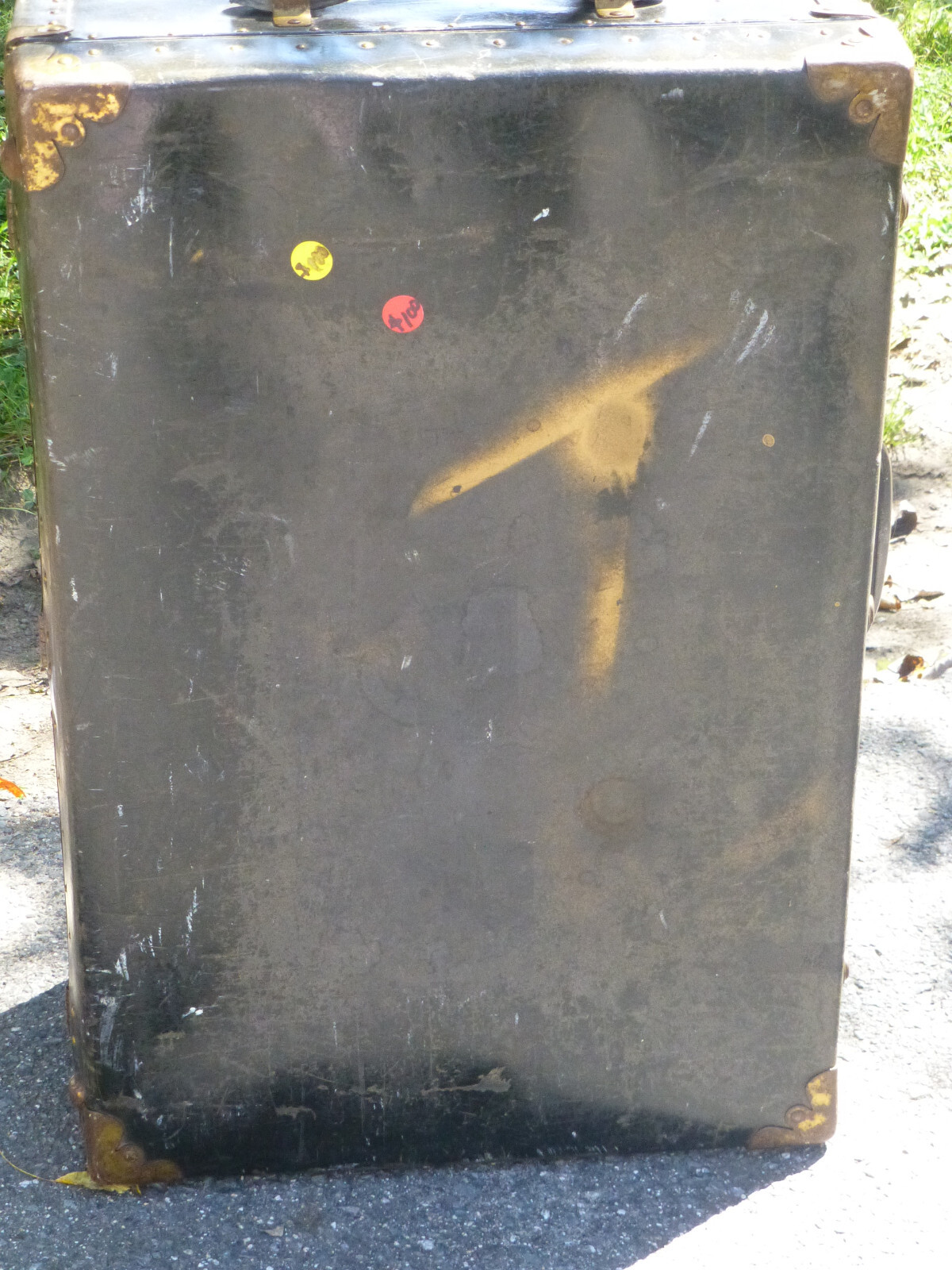 Antique Suitcase/Trunk Metal with Wooden Interior Brass Corners Leather Handles