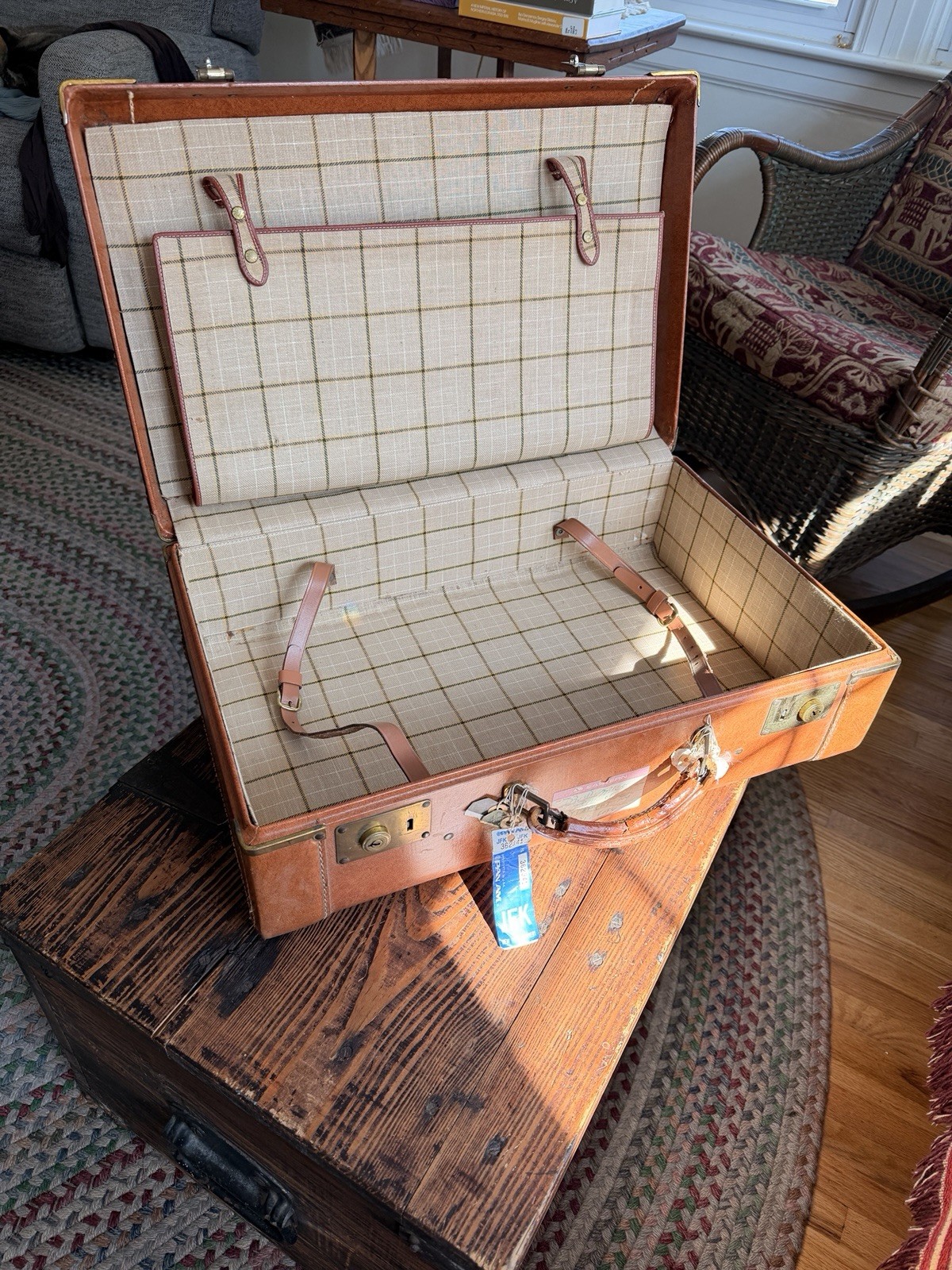 Vintage Mid-Century Leather Suitcase | Classic Tattersall Lining Notebook Holder
