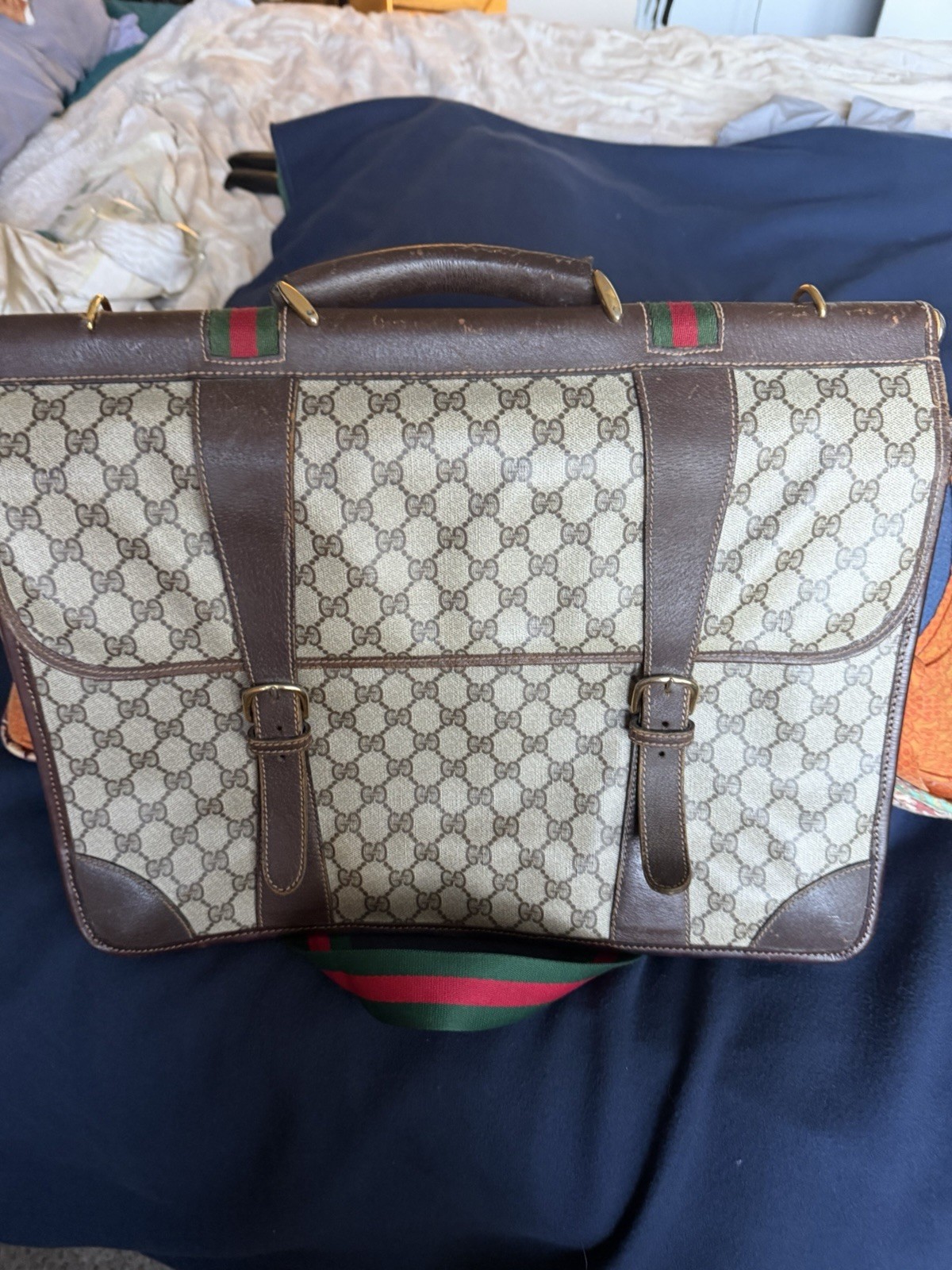 Gucci Vintage Monogram Canvas Leather Garment Bag Suit Carrier Brown Beige Strap
