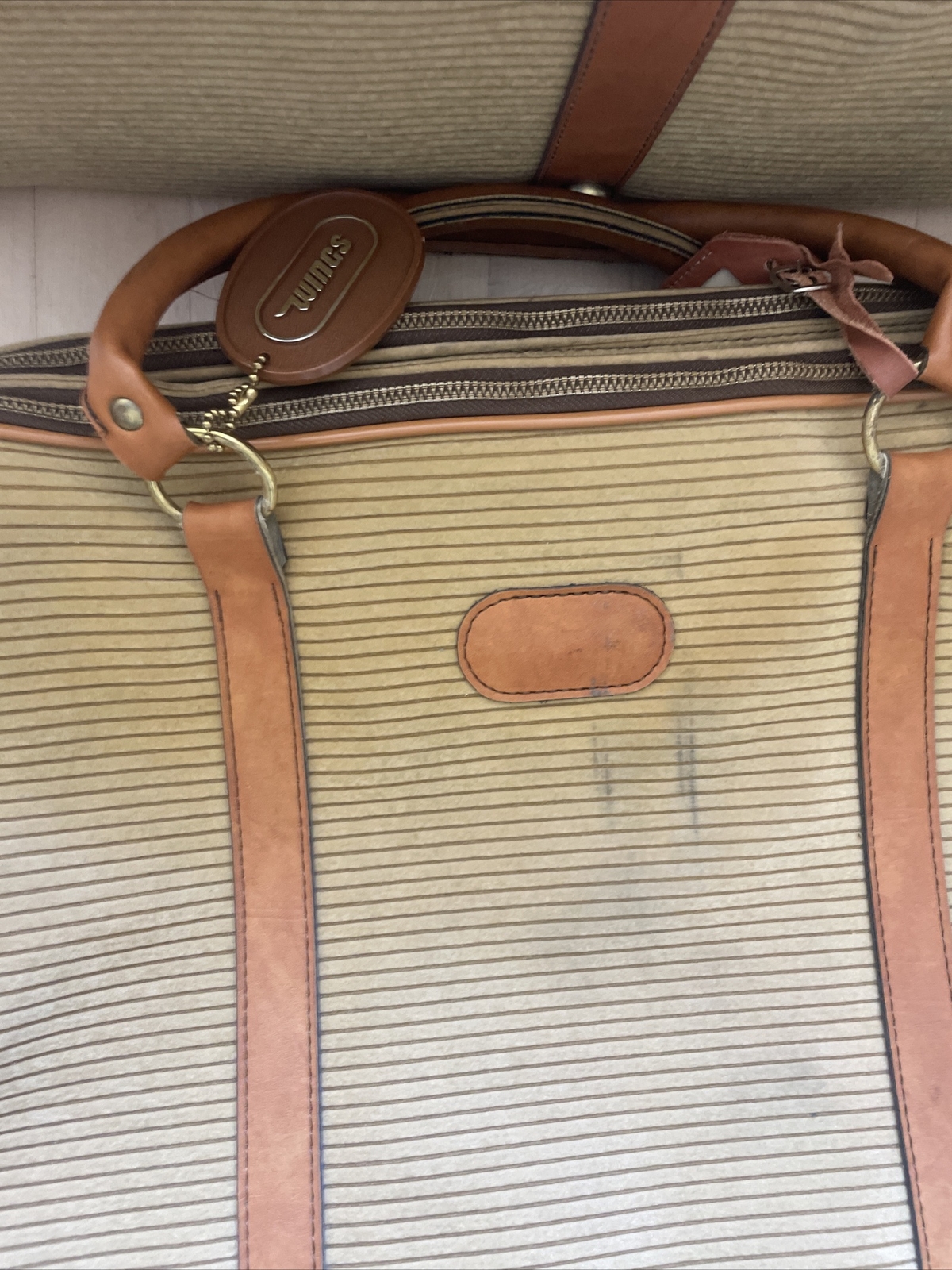 Vintage WINGS Leather And Fabric Luggage Suitcase Set Of Two Tan Brown