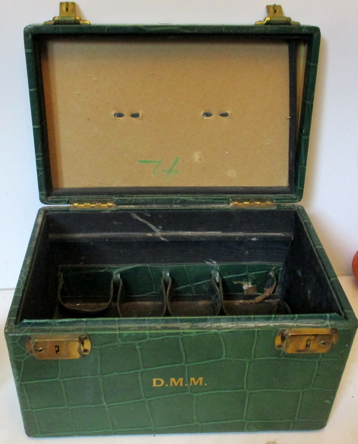 Vtg GLAM VANITY TRAVEL TRAIN CASE Luggage Makeup Cosmetic Faux GREEN CROCODILE