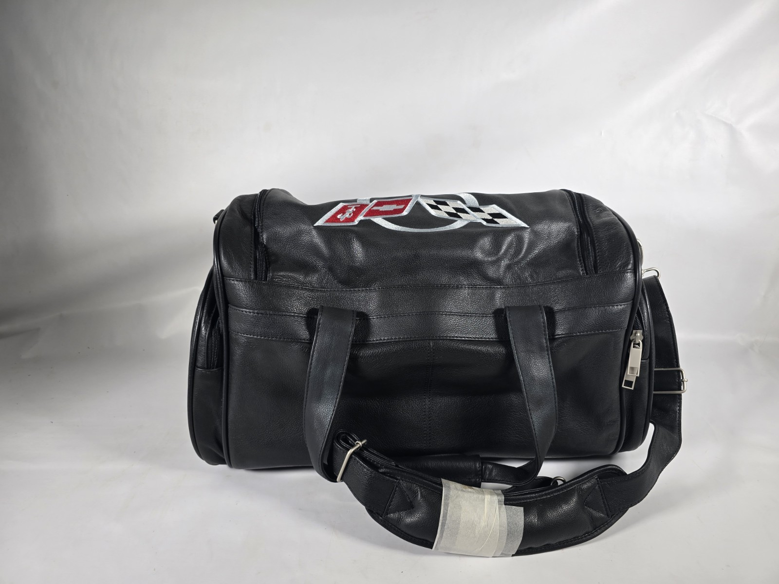 Corvette Vintage Black Leather Duffel Bag Red Logo, 20″ Travel Carry-On