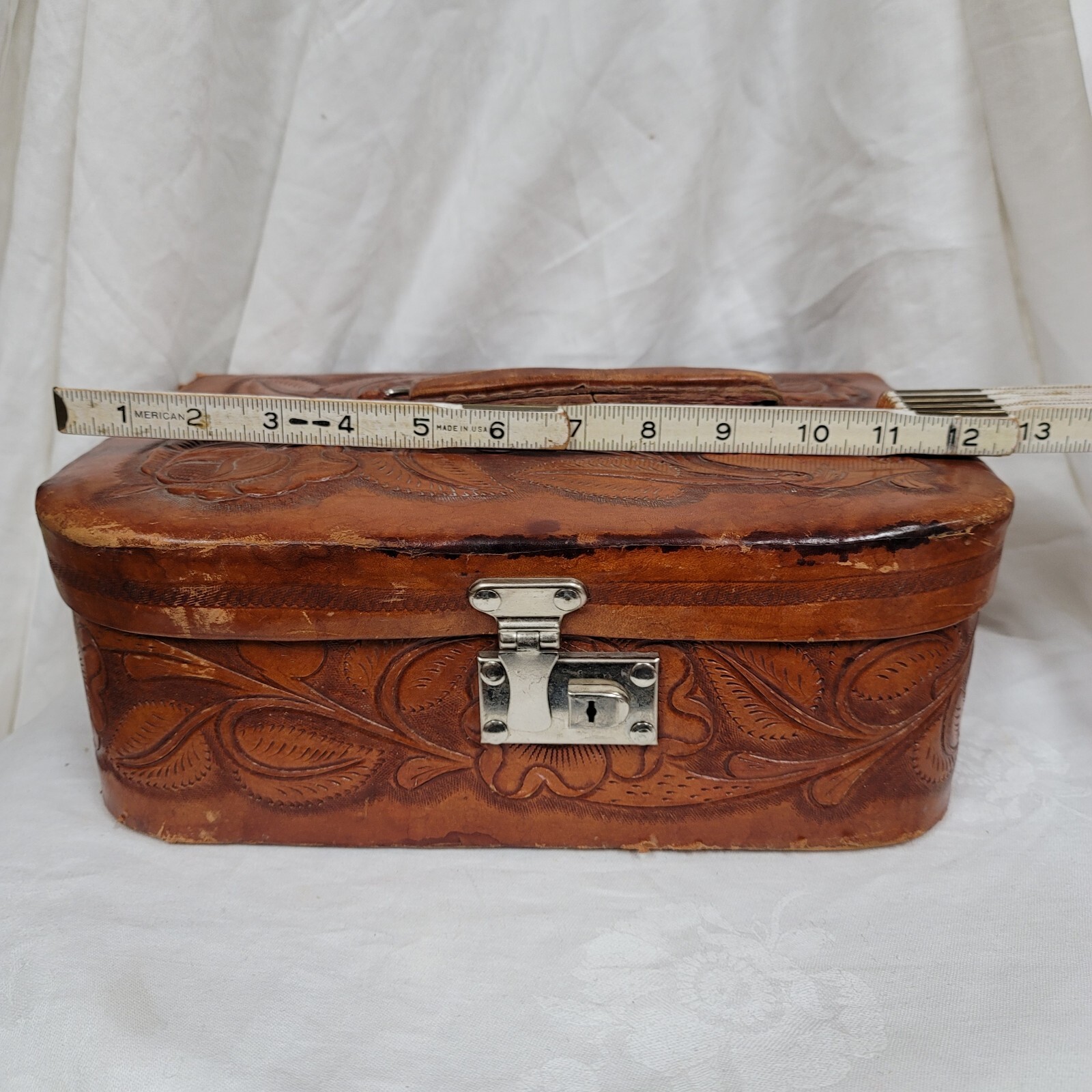 Vintage Hand Tooled Leather Vanity Jewelry Case