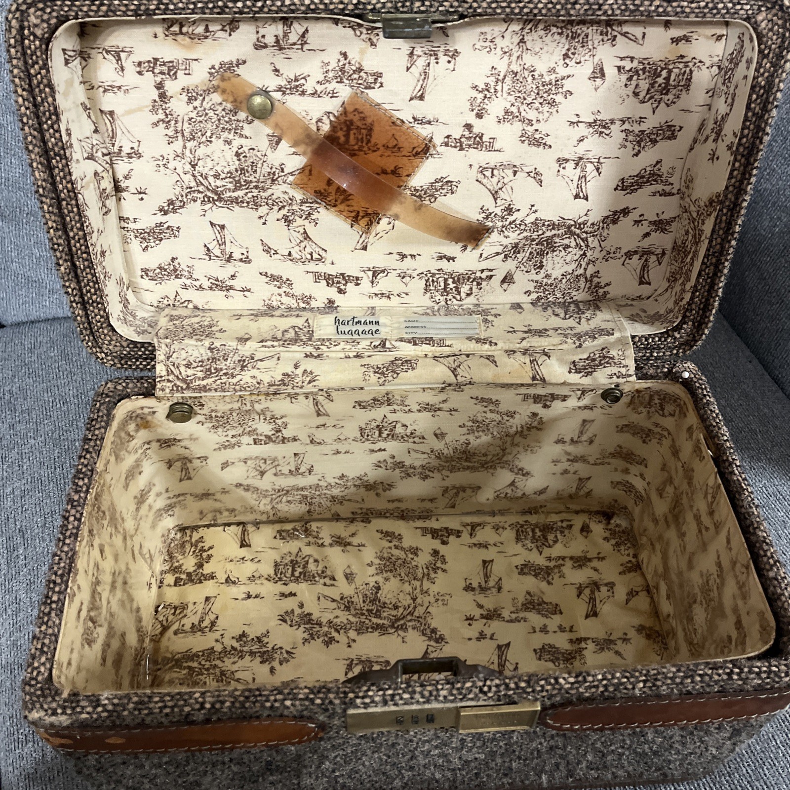 Vintage Hartmann Luggage Tweed & Leather Travel Cosmetic Case Overnight Carry On
