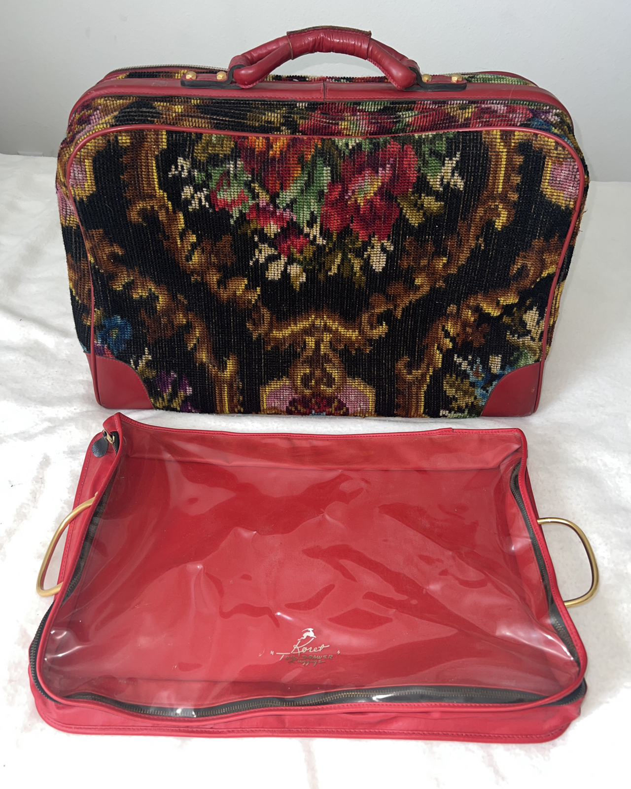 VTG 1960s NEEDLEPOINT/TAPESTRY FLORAL Italian Koret Suitcase Luggage w/tote