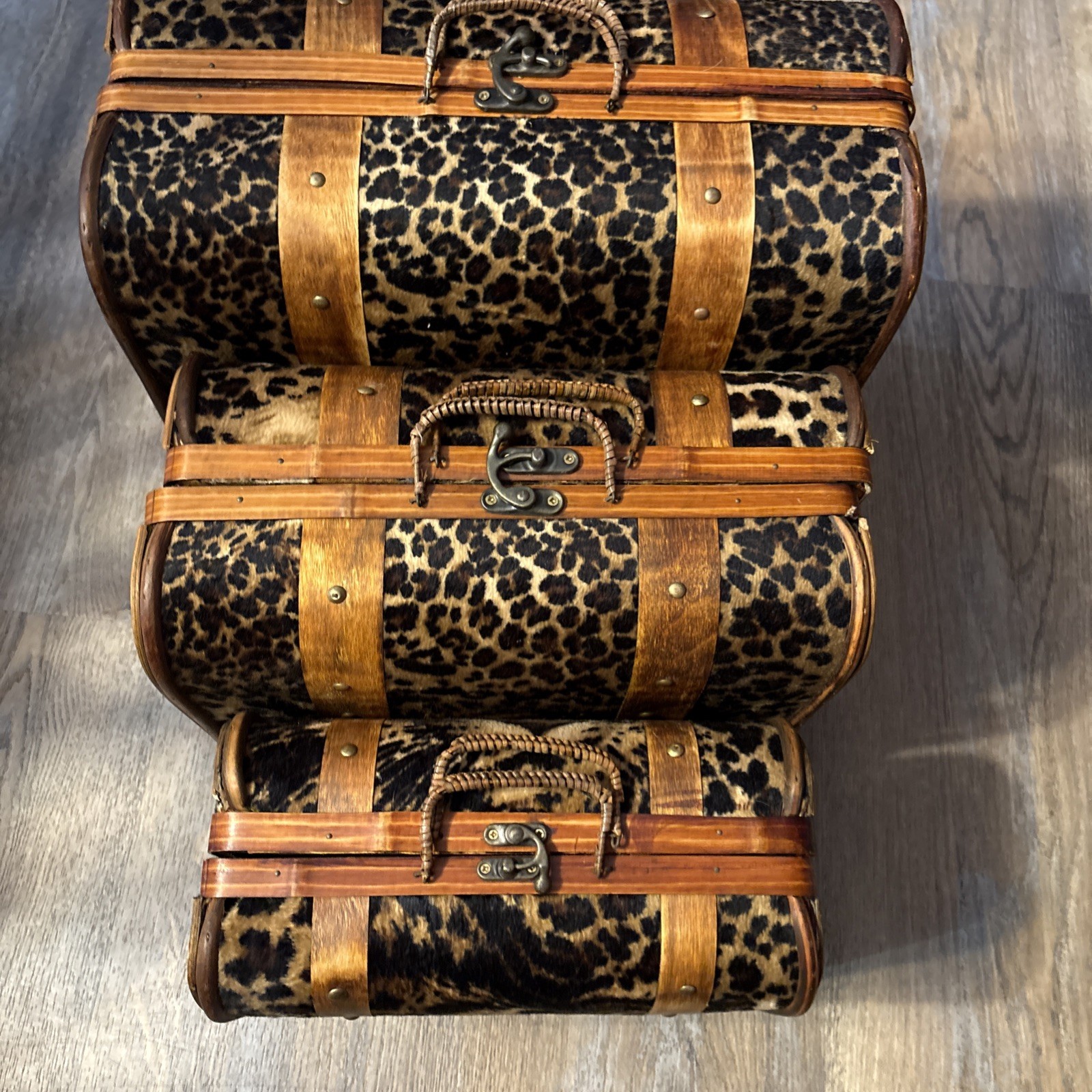 RARE Vtg 3-Pc Leopard Face Print Train Suitcases Purse Bamboo Trimmed Retro BOHO