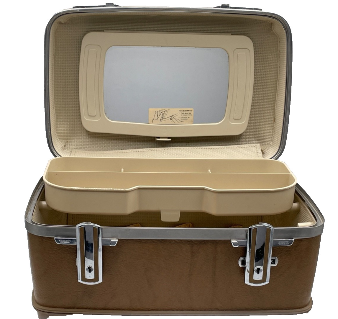 Vintage American Tourister Vanity Travel Train Case 14″ Brown Hard Shell Chrome