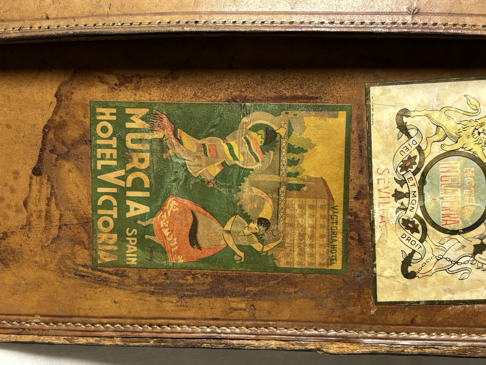 Antique English Leather Suitcase With Hotel Labels