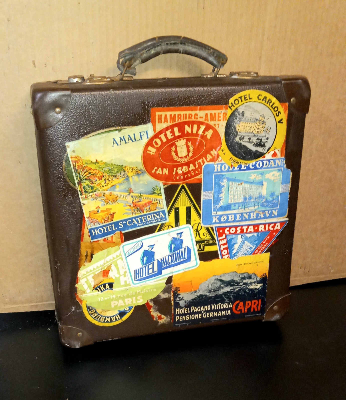 Antique Travel Case Mini Suitcase With Authentic World Travel Stickers