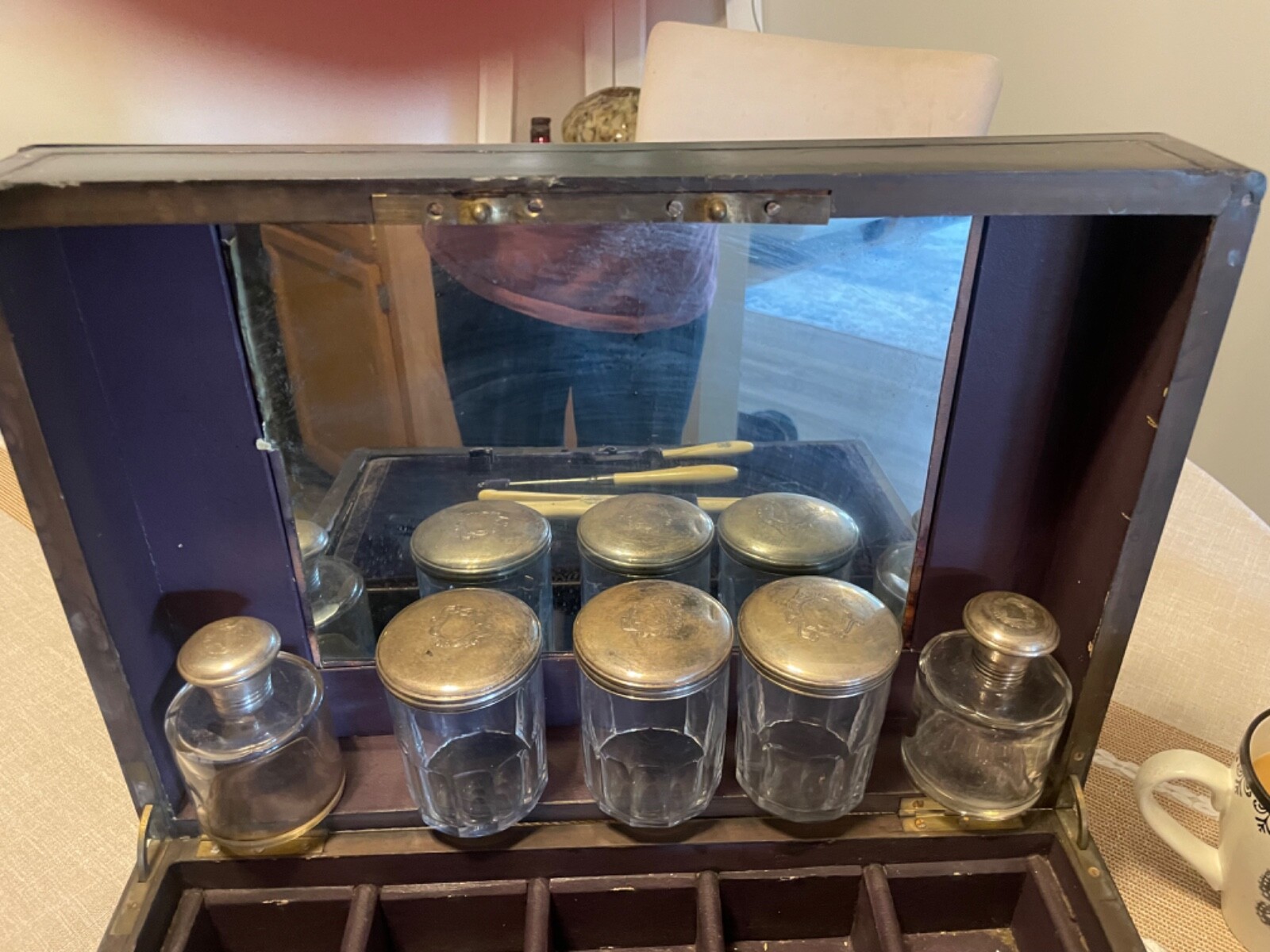 antique travel case. purple velvet interior, Mirrored lid.
