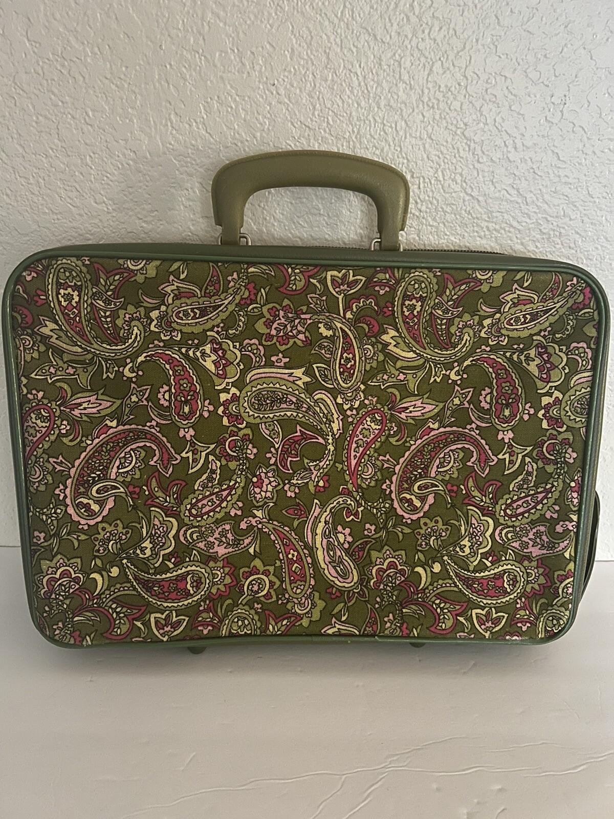 Vintage Suitcase Luggage Paisley Green Orange Canvas Key K Line Zipper Pockets