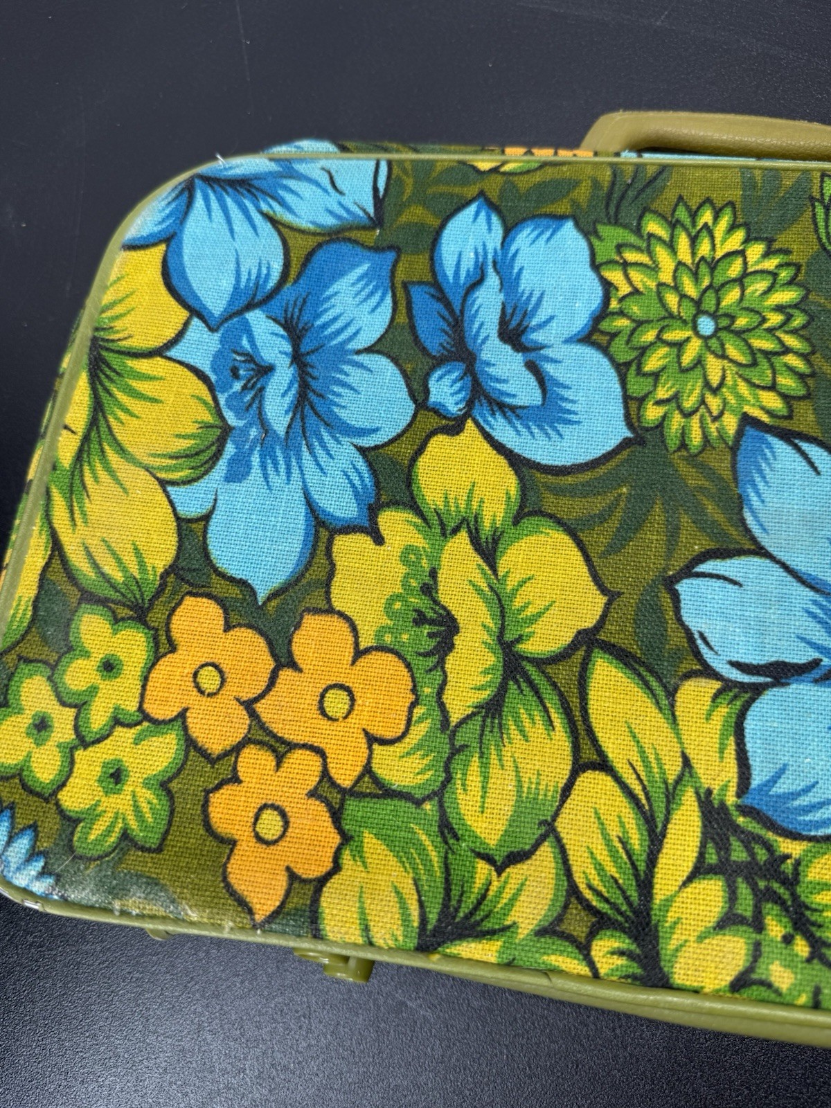 Vintage Bantam Travelware Canvas Suitcase Mod Pattern Floral 1970s Blue Green