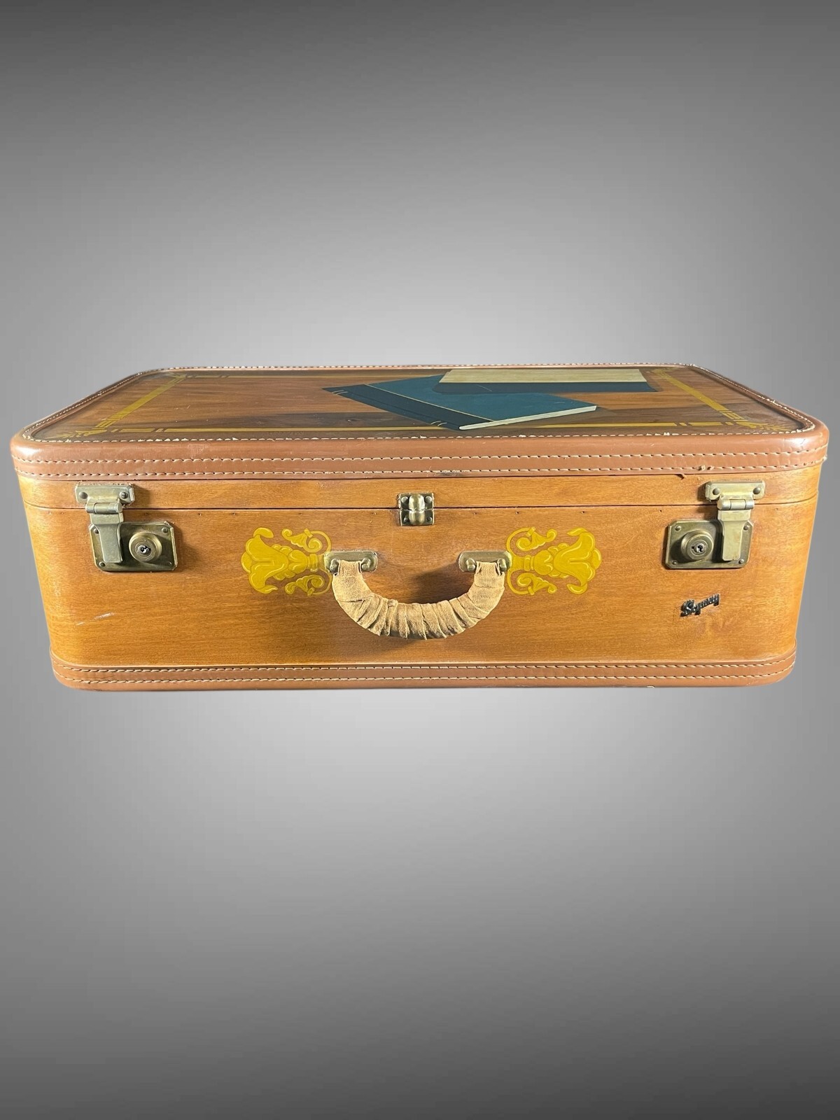 VTG Skyway Wooden Suitcase– Hand-Painted Book Motif – Amazing Condition 26x16x9