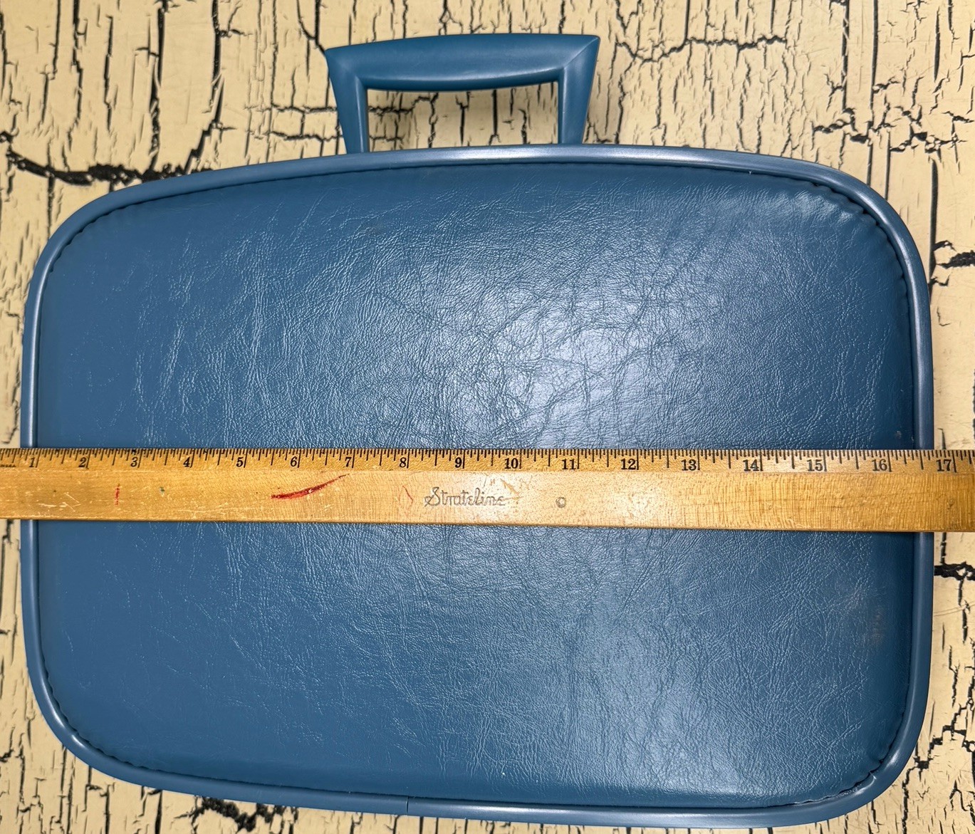 VTG Blue Vinyl Hard Shell Small Overnight Suitcase Train Case Makeup MCM Retro
