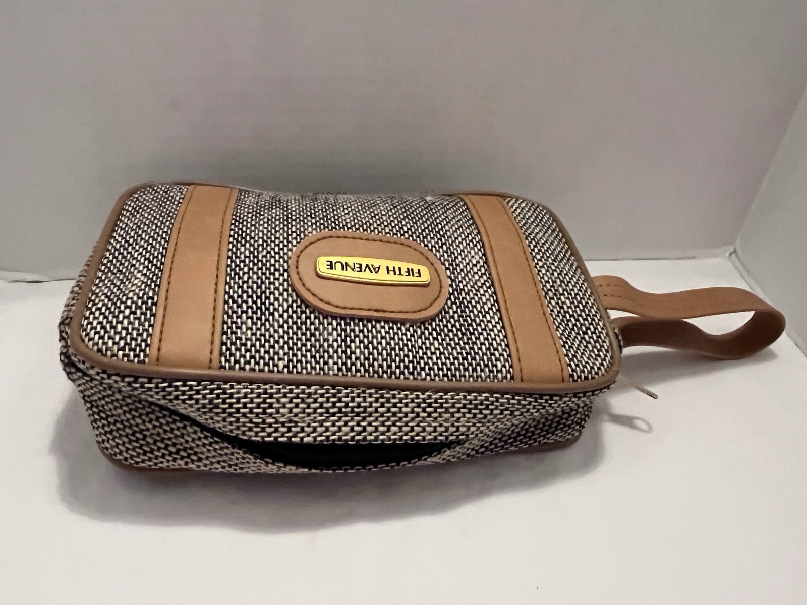 Vintage Fifth Avenue DOPP Kit Make Up Bag Travel Bag Brown Tweed Faux Leather