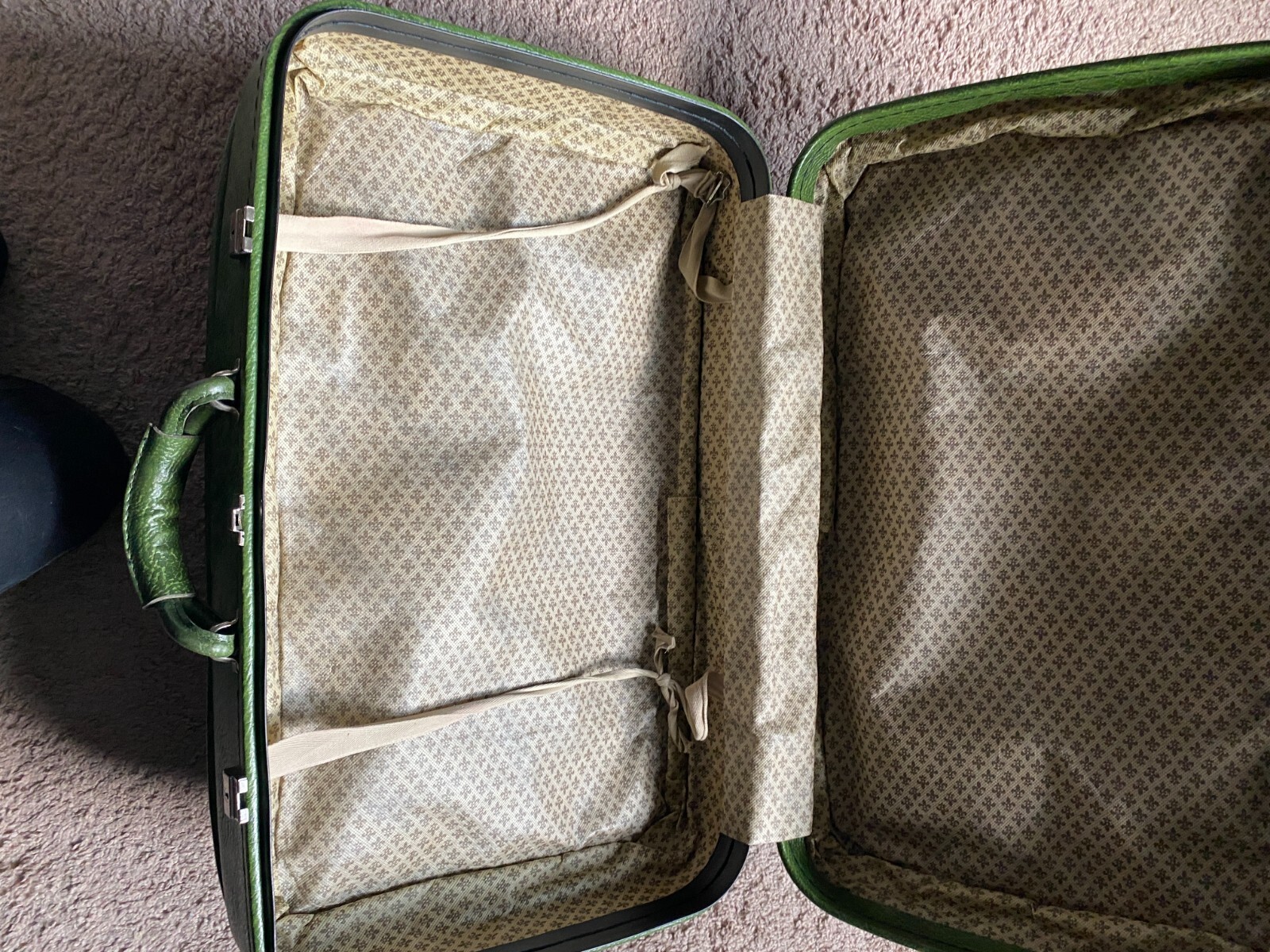 True 1970s Vintage Green Suitcase, Double Buckle, Fleur de lis Lining, Very Good