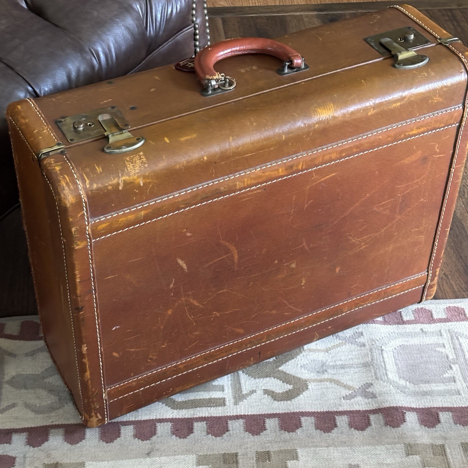 1940s Genuine Cowhide Leather Suitcase Tweed Interior Designer Prop Luggage ￼￼