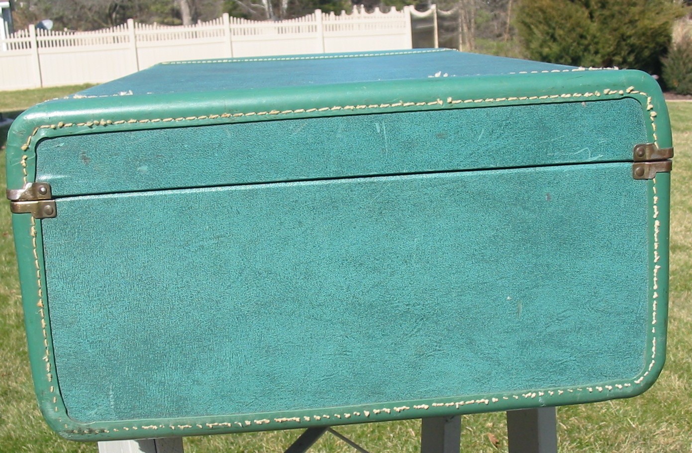 Vintage Wood Hard Shell Suitcase Crown Luggage Trunk XL Green Rainbow ID Strap