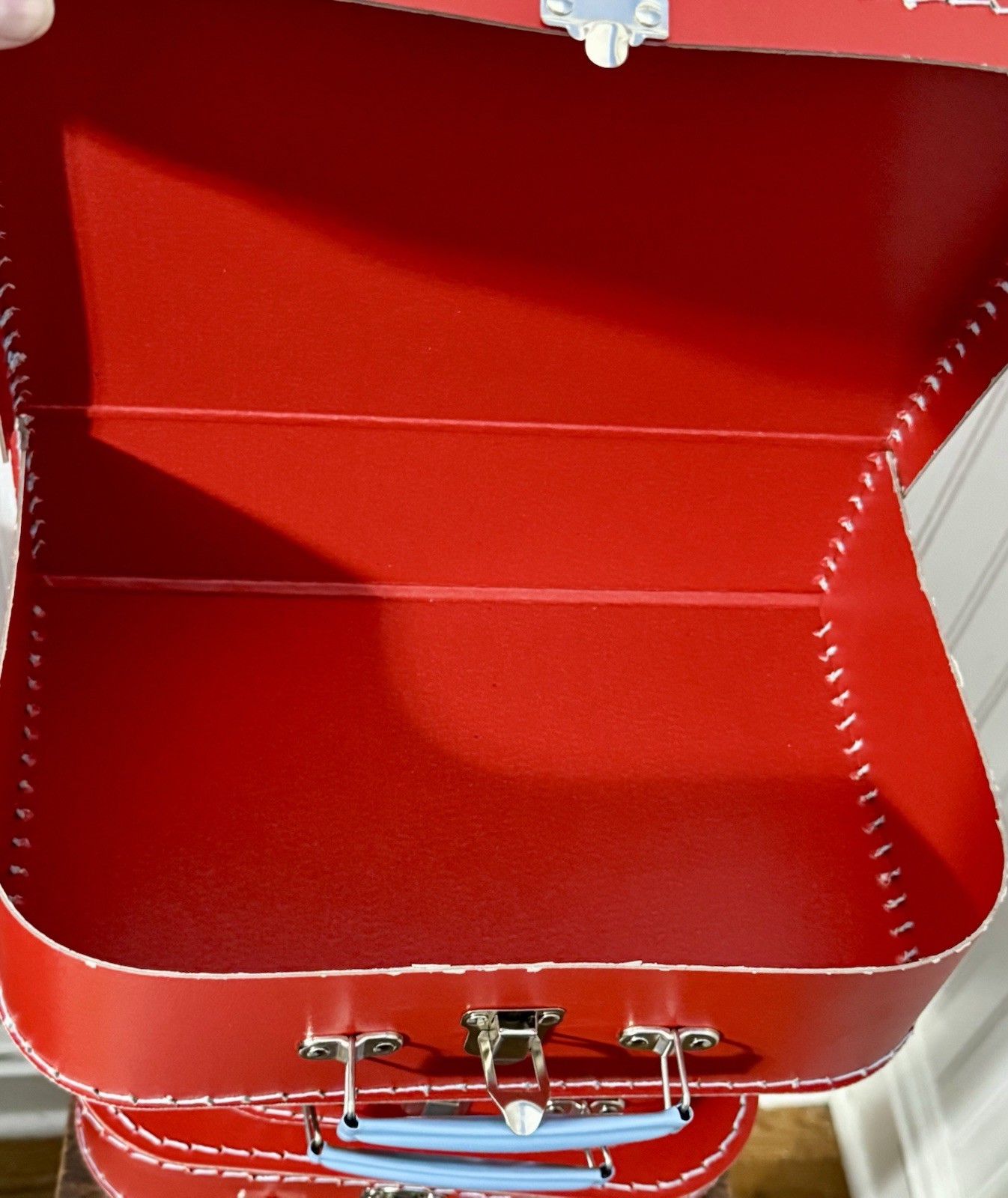 Set of 3 Hard Cardboard Suitcase Boxes Storage Decor Red w Light Blue Handles