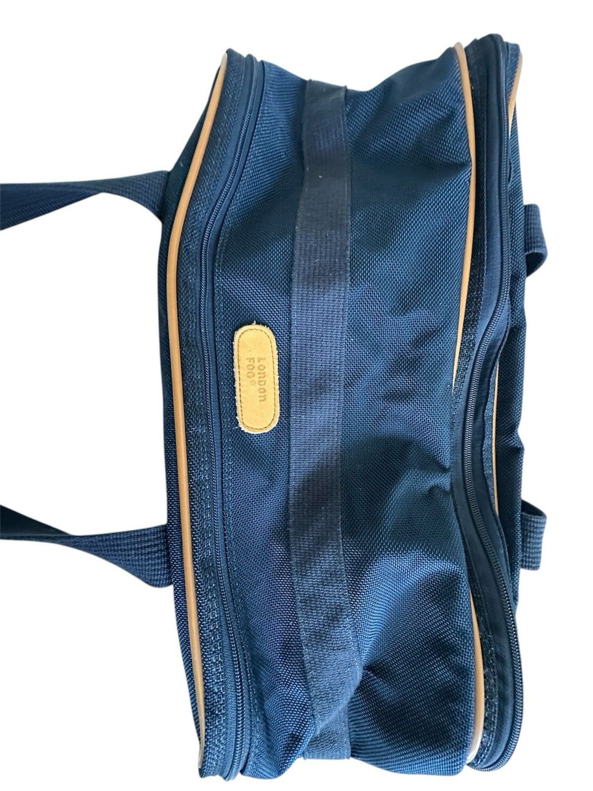 London Fog VTG Navy Canvas Weekender Duffle Bag Big Ben Logo Lining Leather Trim