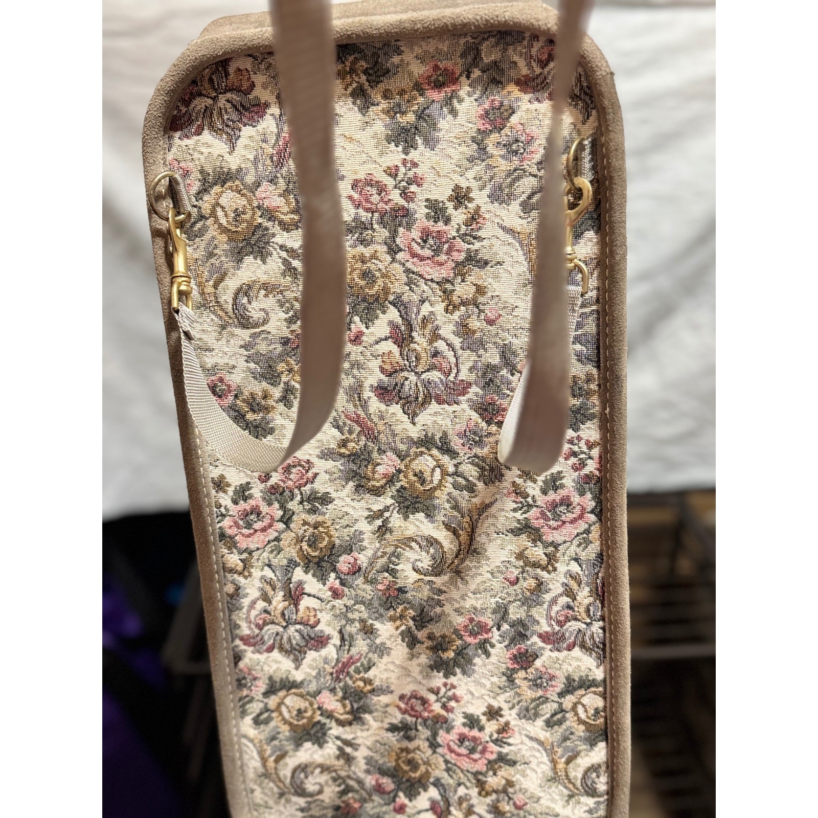 French Luggage Co Vintage Floral Tapestry Suede Suitcase Handcrafted California