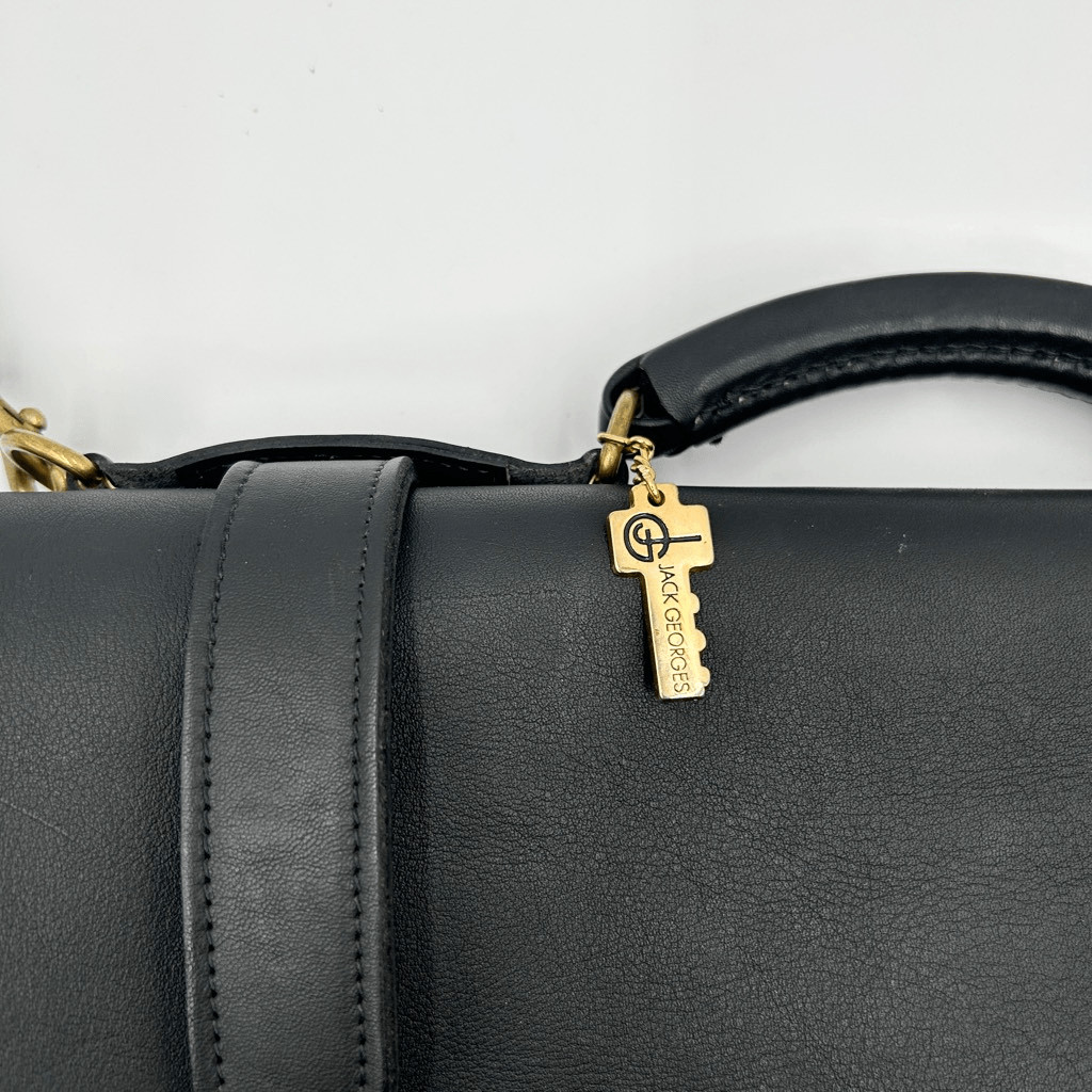 Jack Georges Black Leather Brass Vintage Briefcase Satchel Messenger Bag