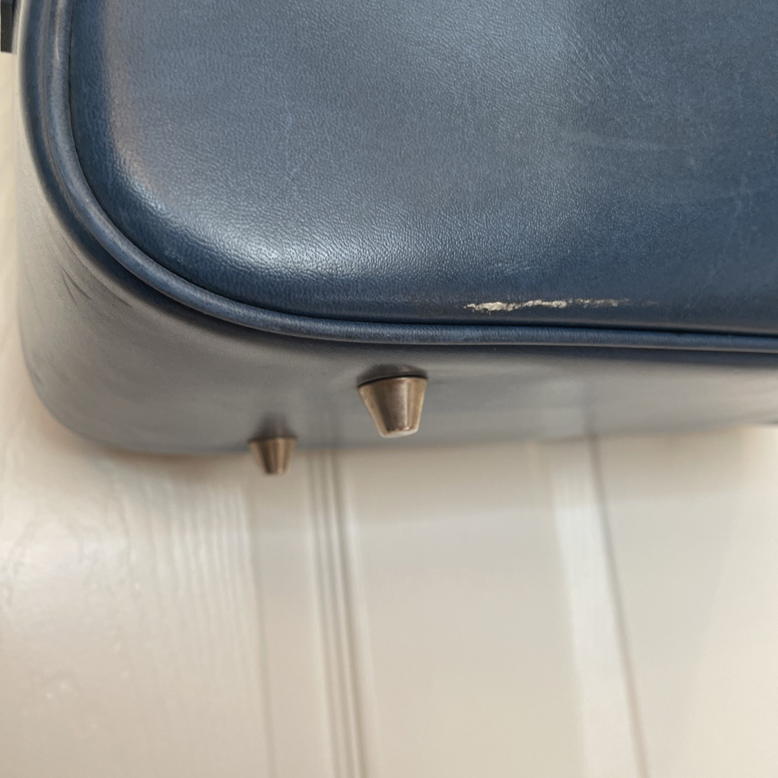 Vintage 1950s Montgomery Ward Stratolite Blue Carry On Luggage 15x11x5″