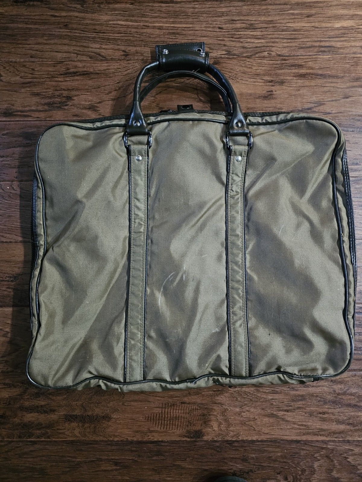 2 pc Yves Saint Laurent YSL Leather Trim Olive Weekender Bag and Garment bag vtg