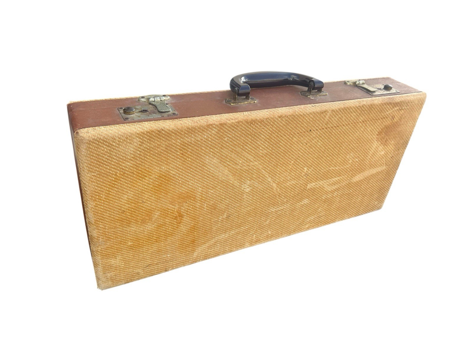 Vintage Mid Century Tweed Accent Unlocked Suitcase, no key.