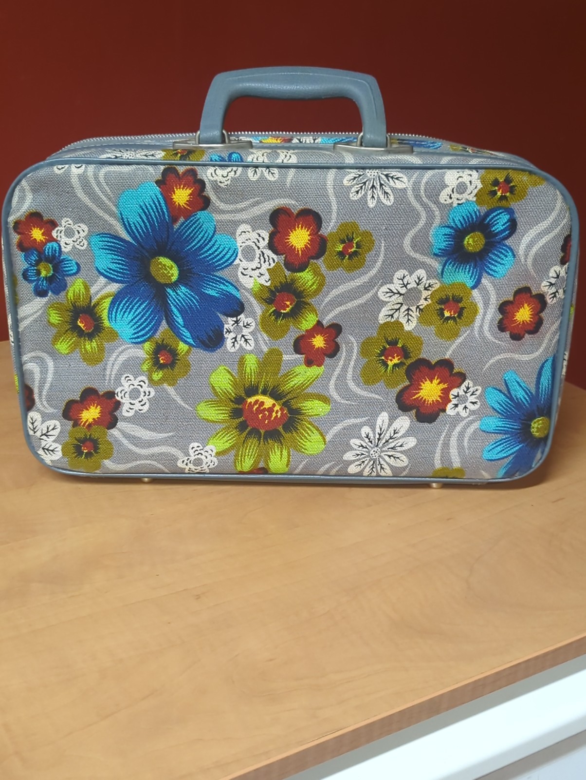 Vintage 1960s Gray Bantam Travelware Mod Flower Power Suitcase Carry On With Key